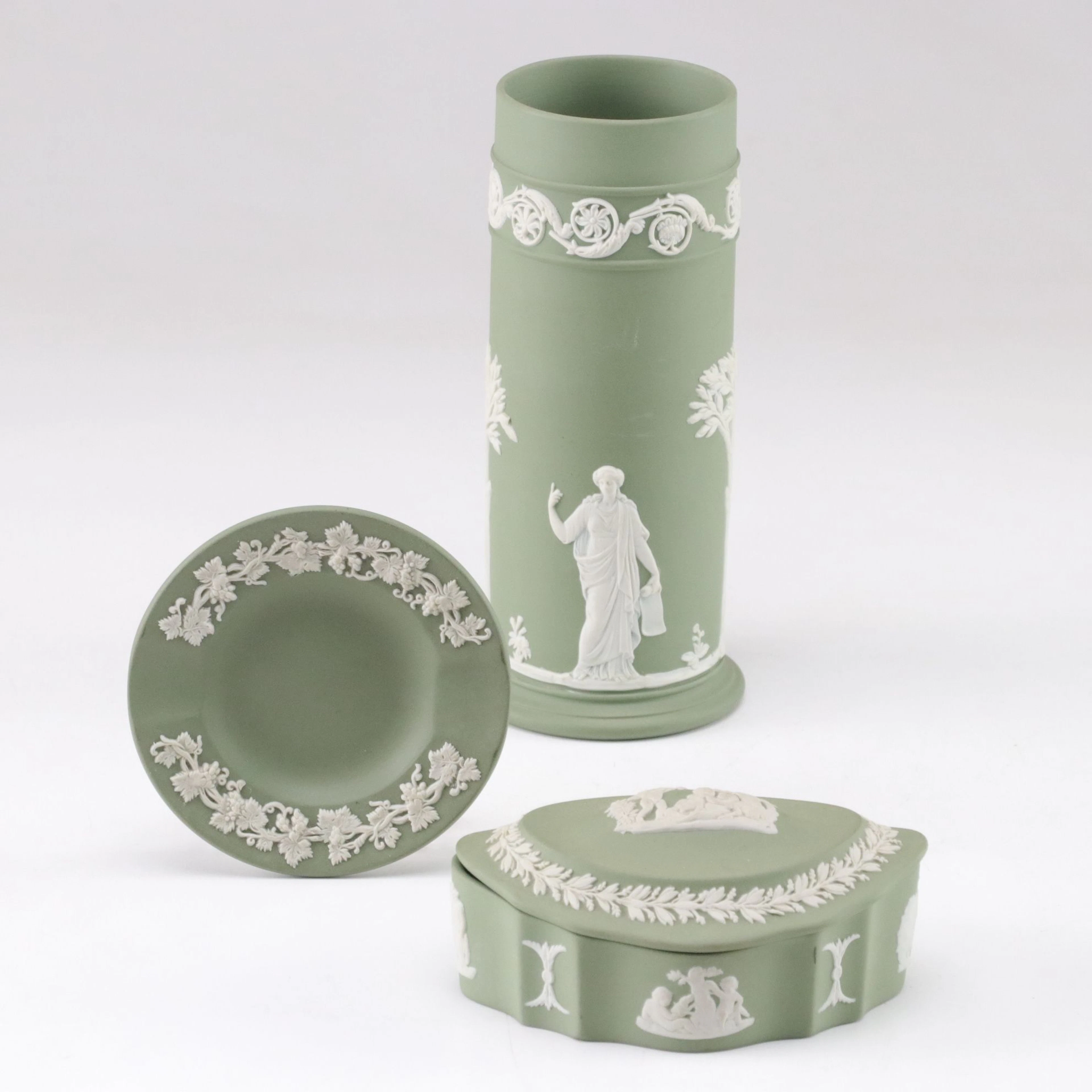 Wedgwood Green Jasperware Dresser Box, Spill Vase, and Ashtray