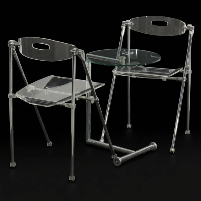 Pair of Lucite and Chrome Modernist Folding Chairs With Glass Top Accent Table