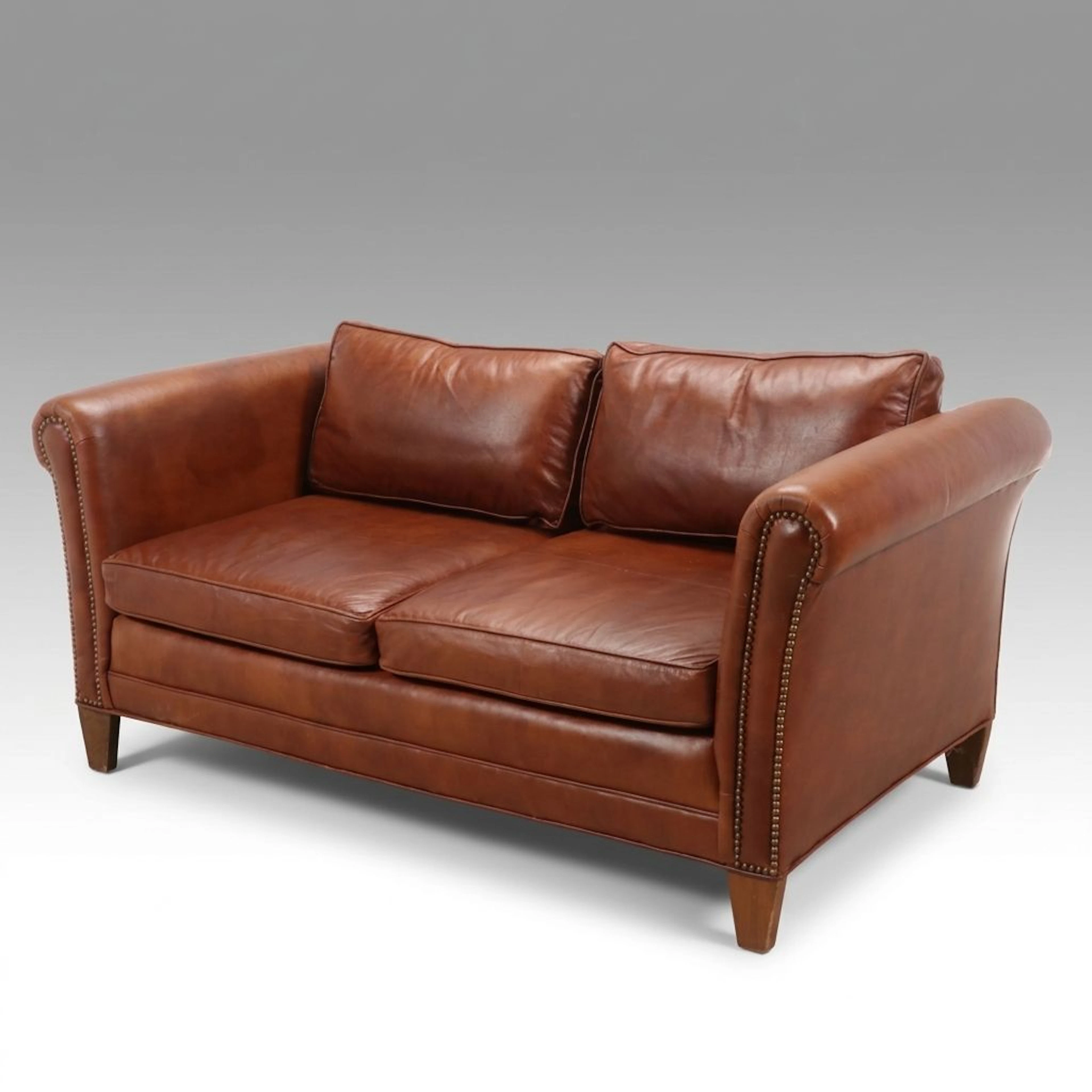 Contemporary Cognac Leather Loveseat with Nailhead Trim, 21st Century