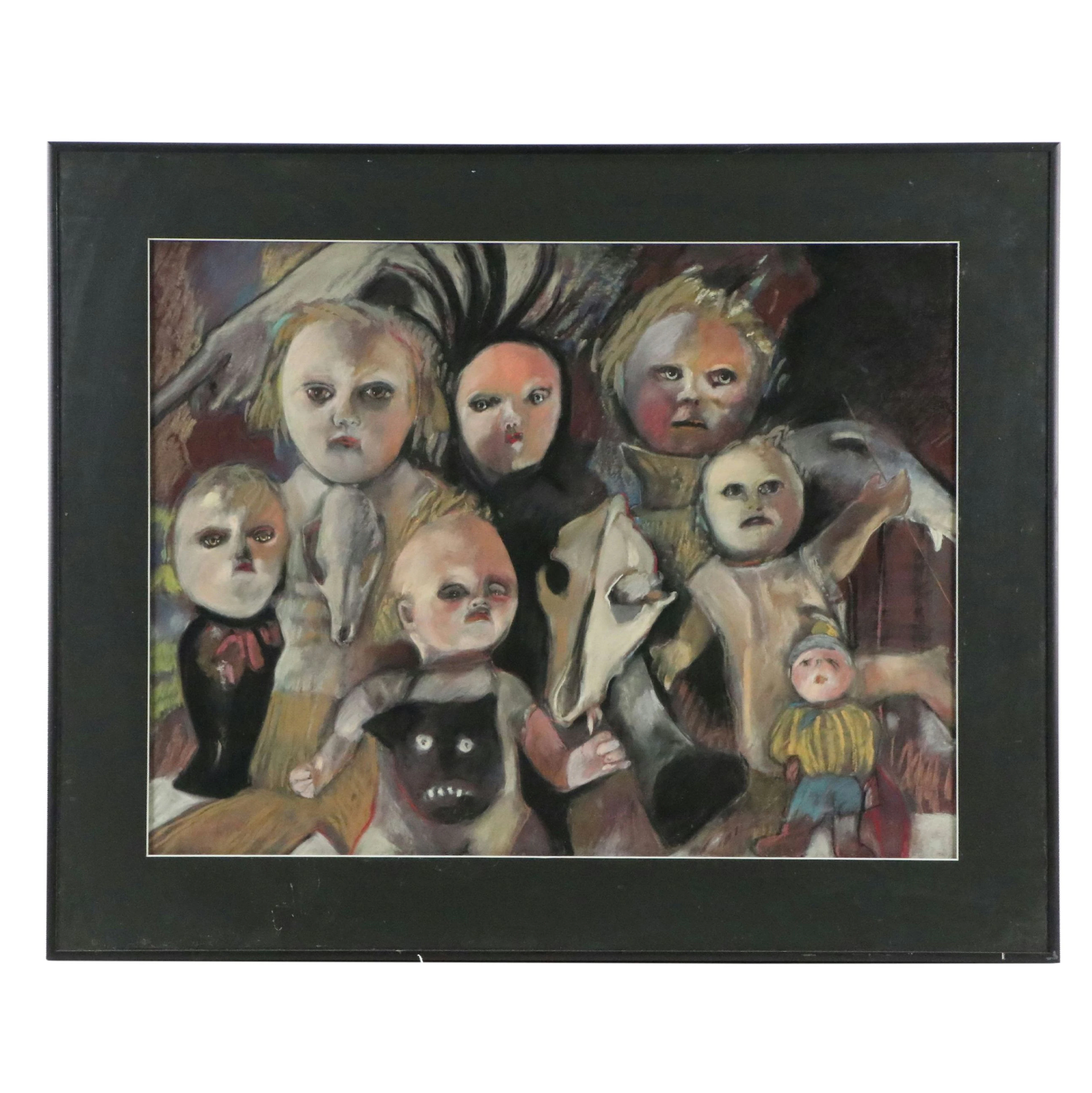 Pastel Still Life Drawing with Dolls and Cattle Skulls, Late 20th Century