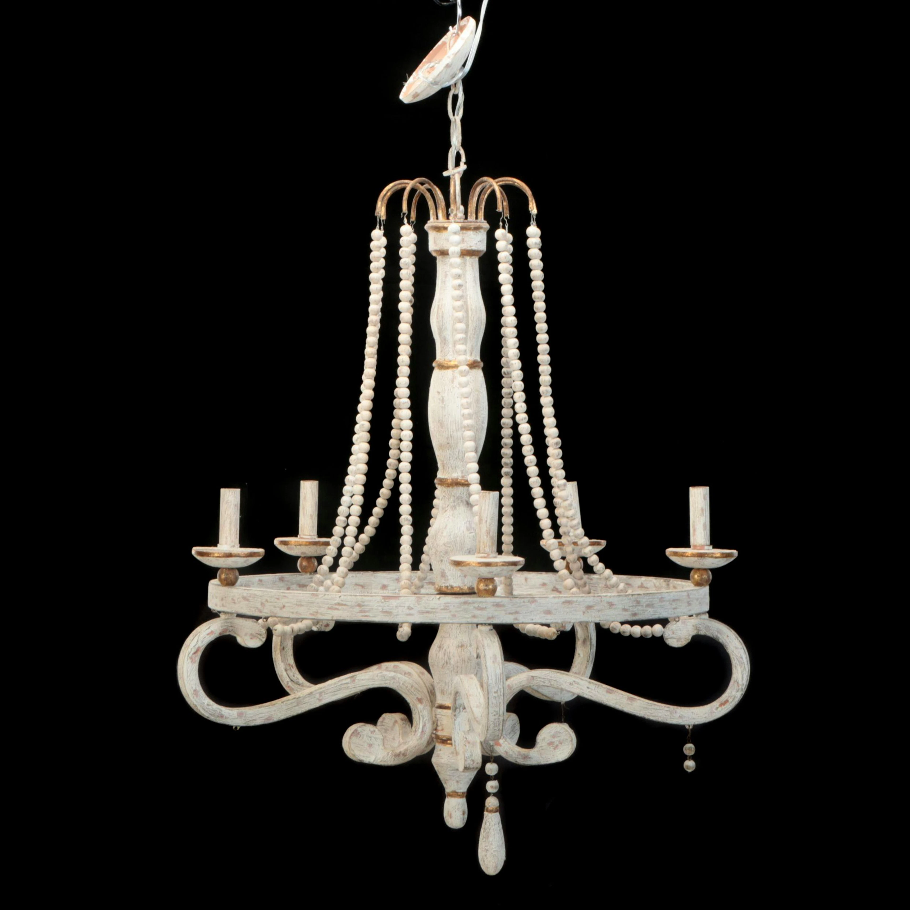 Limed Wood Finish Parcel Gilt 5-Arm Chandelier with Wooden Bead Swags