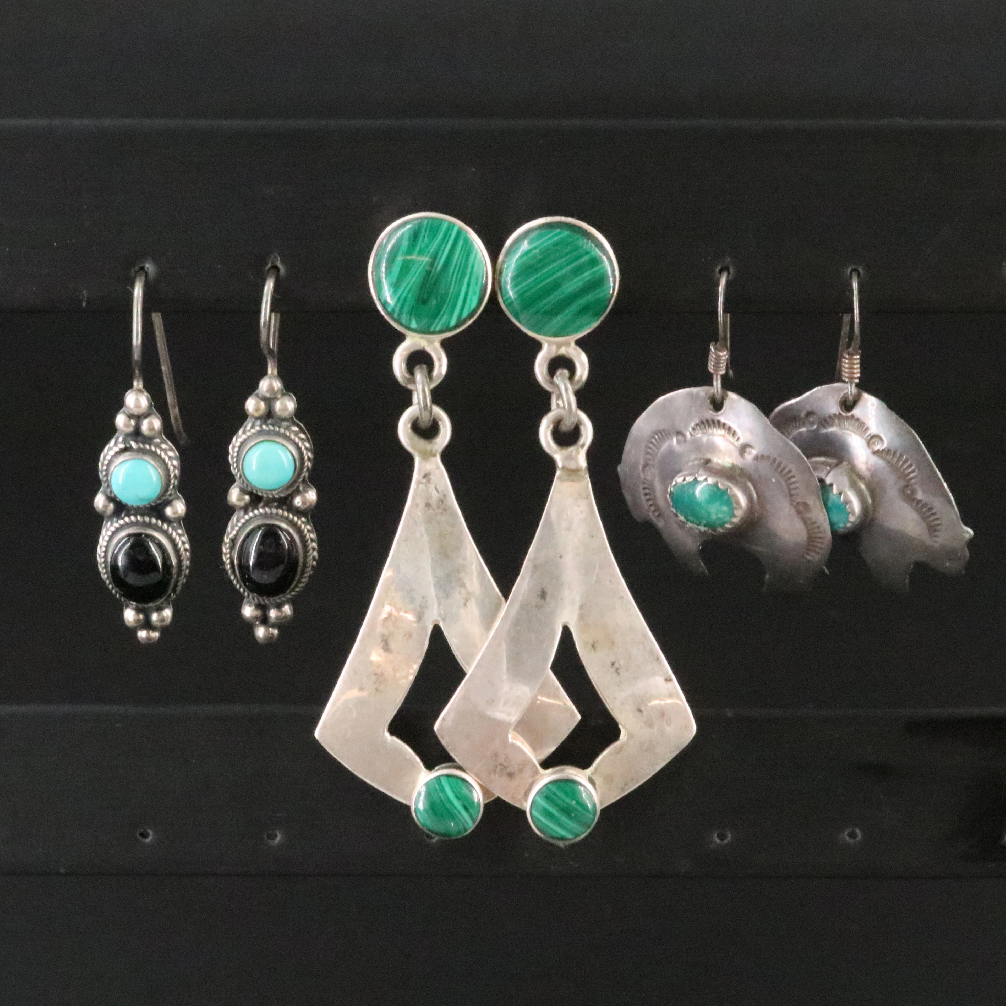 Mexican and Southwestern Sterling Malachite. Turquoise and Chrysoprase Earrings