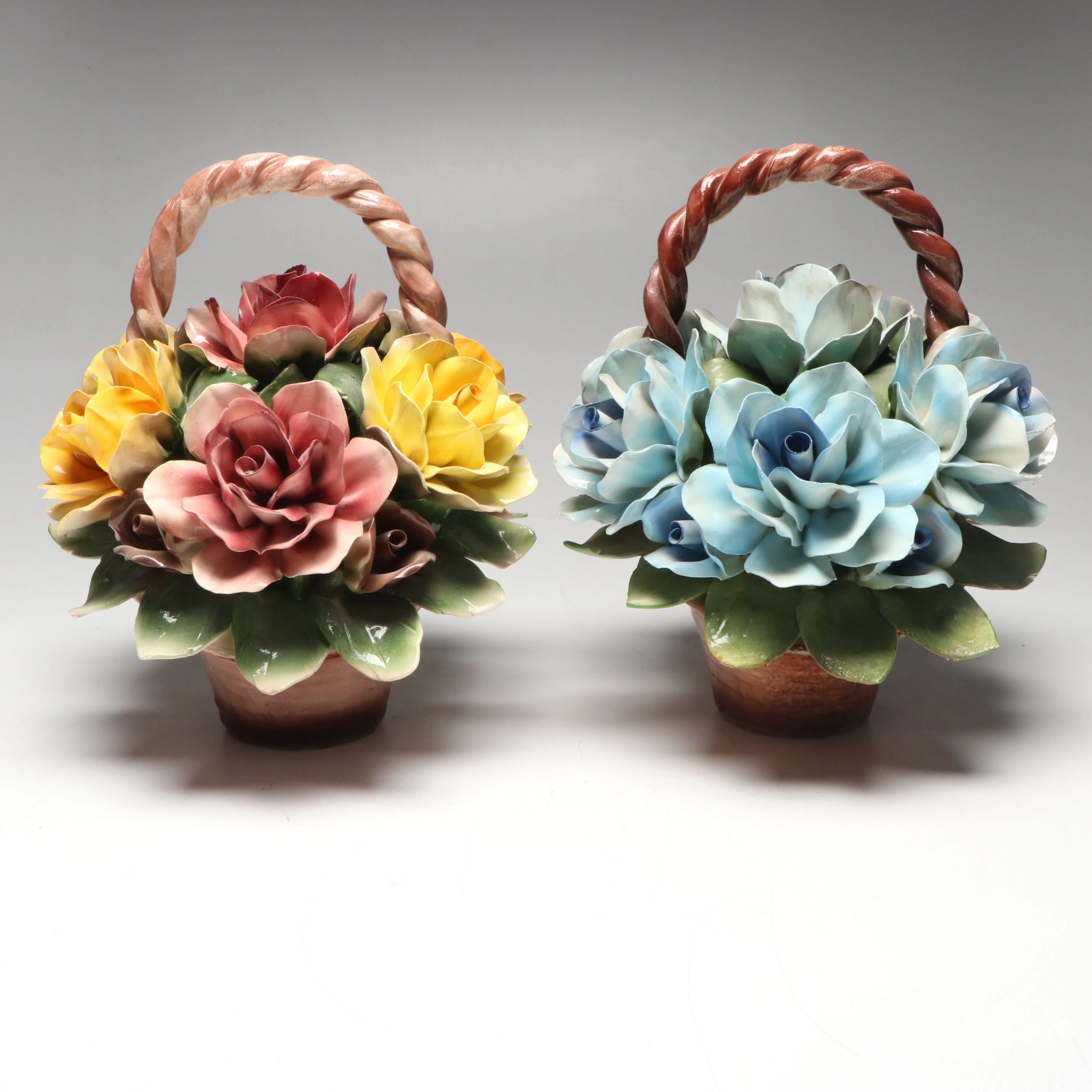 Pair of Capodimonte Style Porcelain Flower Baskets