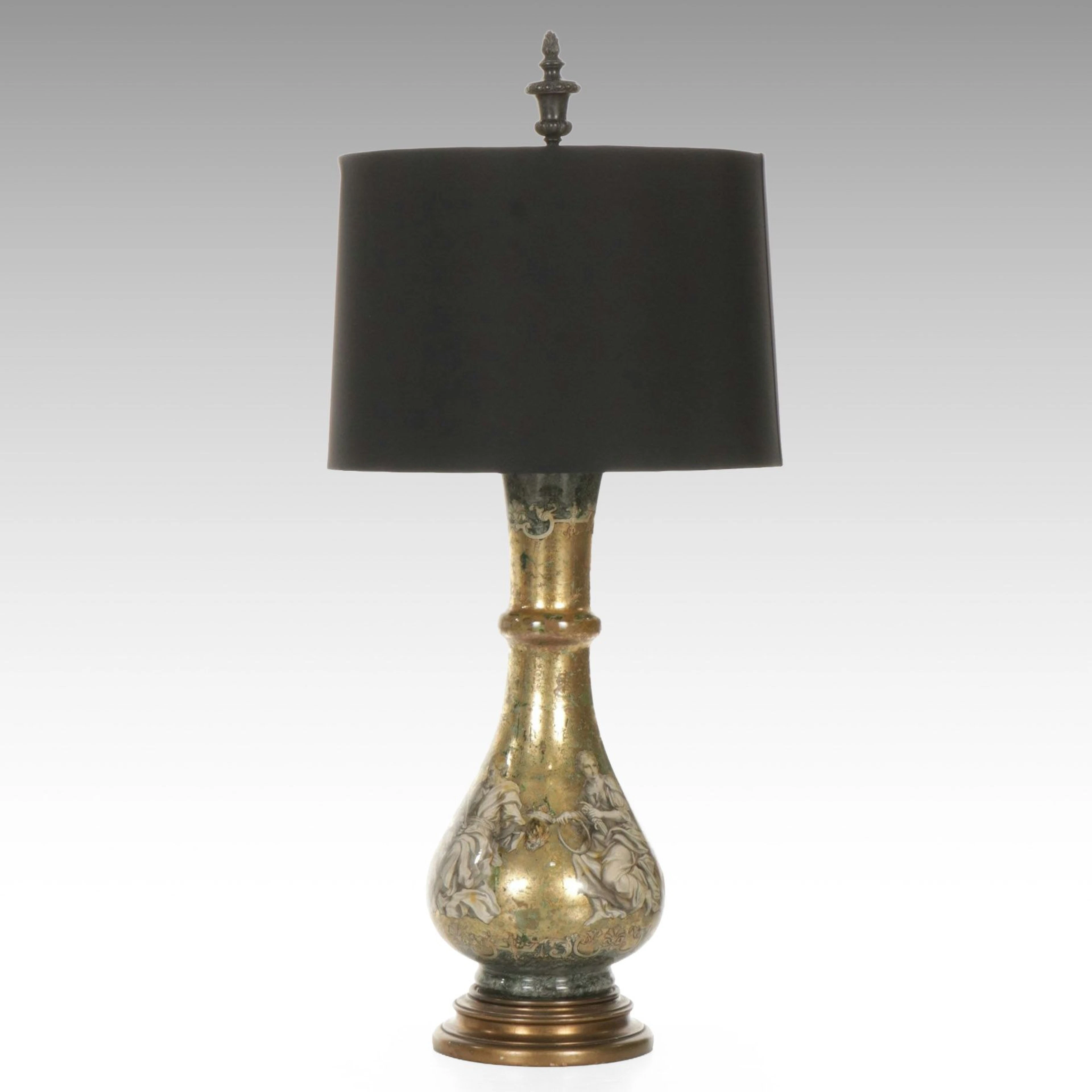 Fornasetti Style Eglomisé Glass Table Lamp with Foiled Lined Black Shade