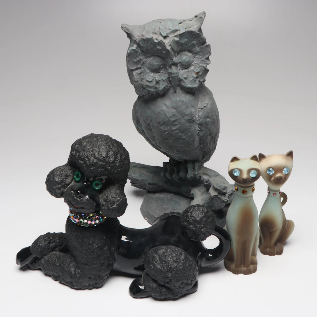 Mid Century Modern Bejeweled Poodle and Cats with Other Owl Figurine