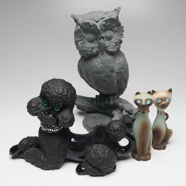 Mid Century Modern Bejeweled Poodle and Cats with Other Owl Figurine