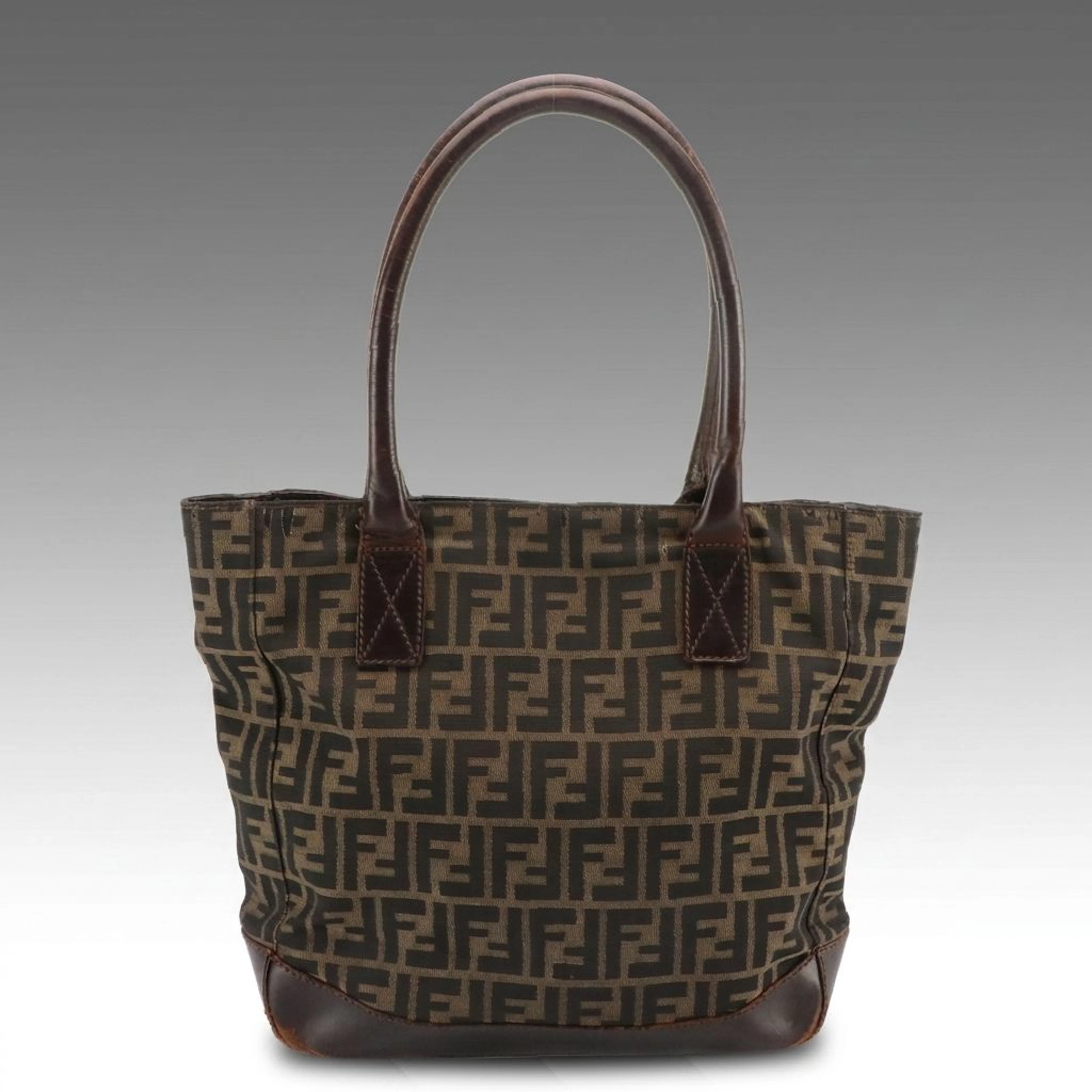 Fendi Tobacco Zucca Canvas Tote Bag with Leather Trim