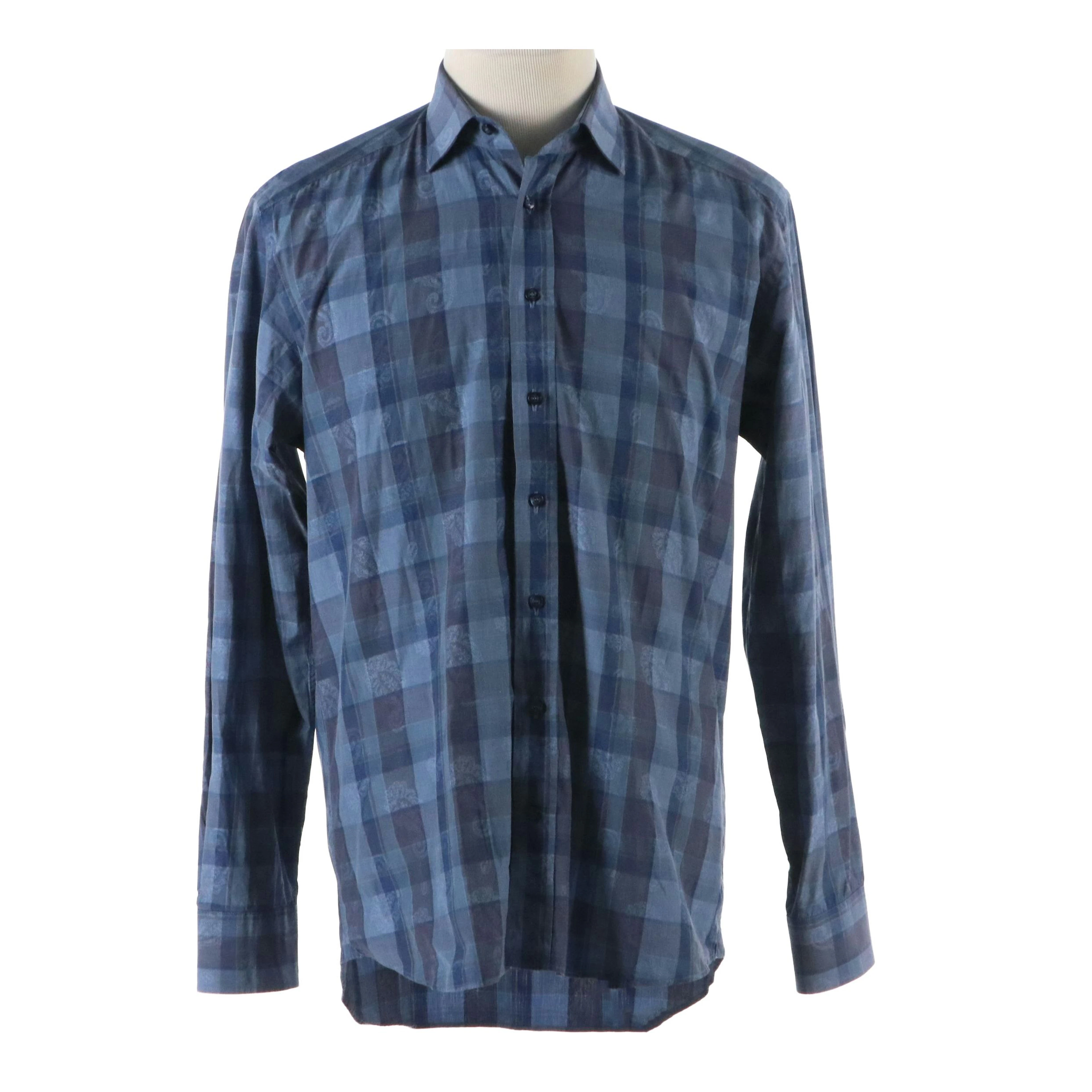 Men's Etro Blue Check and Paisley Printed Long Sleeve Button Up Shirt