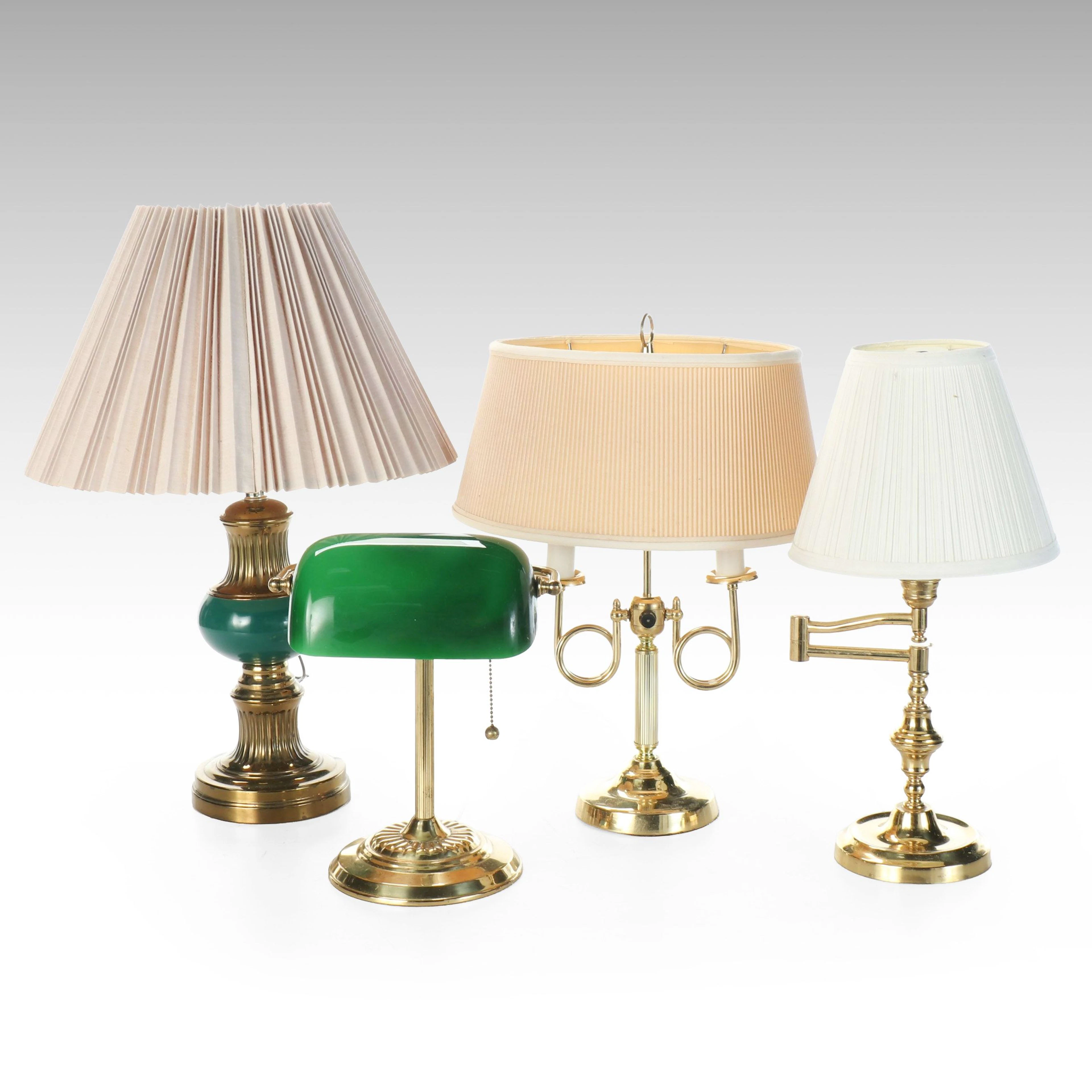 Neoclassical Brass, Bouillotte, Swing Arm Table Lamps w. Cased Glass