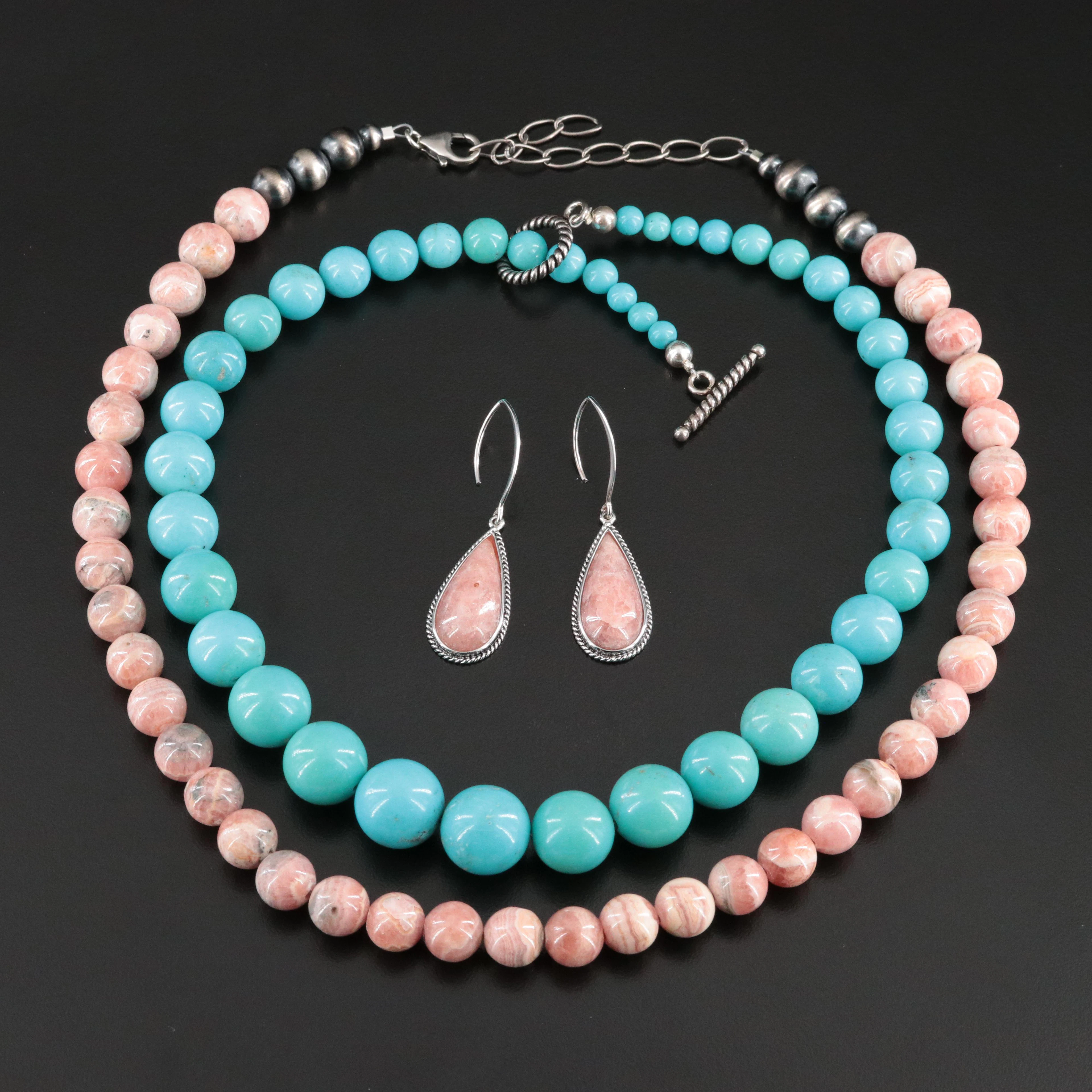 Graduated Turquoise and Rhodochrosite Necklaces with Sterling and Earrings