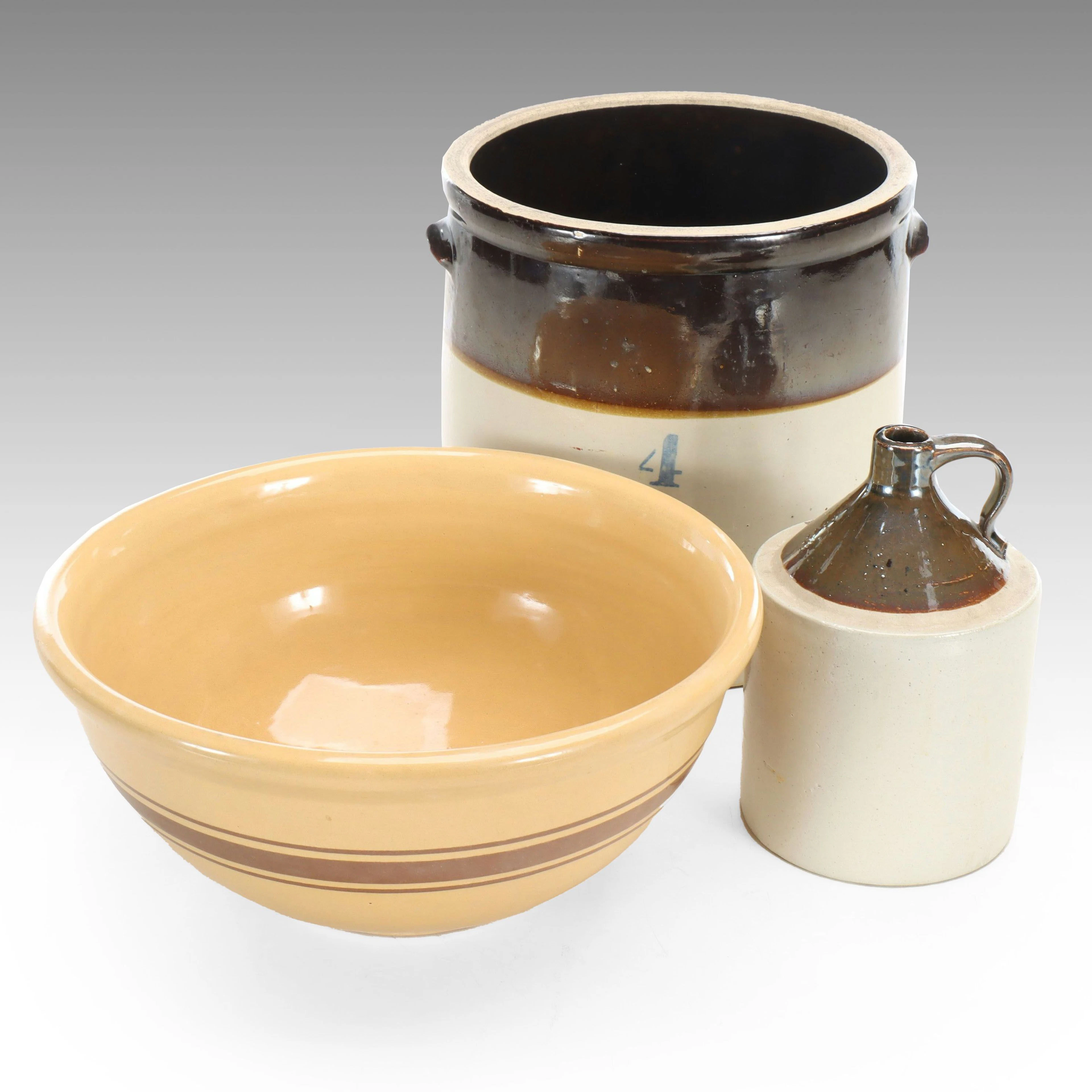 Rustic Salt Glazed Stoneware Crock and Jug with Ceramic Mixing Bowl