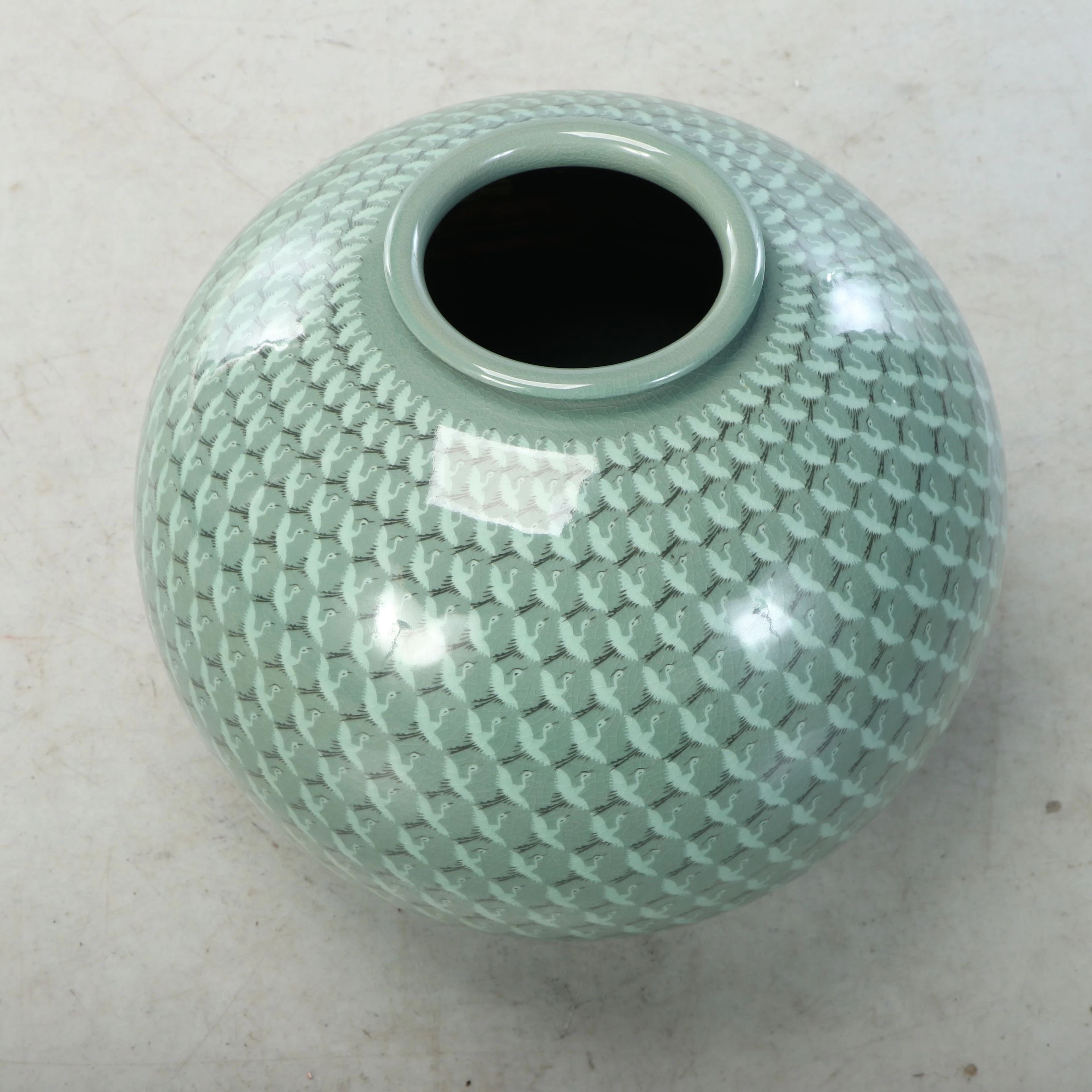 Korean Style "Thousand Cranes" Celadon Crackle Glaze Moon Jar