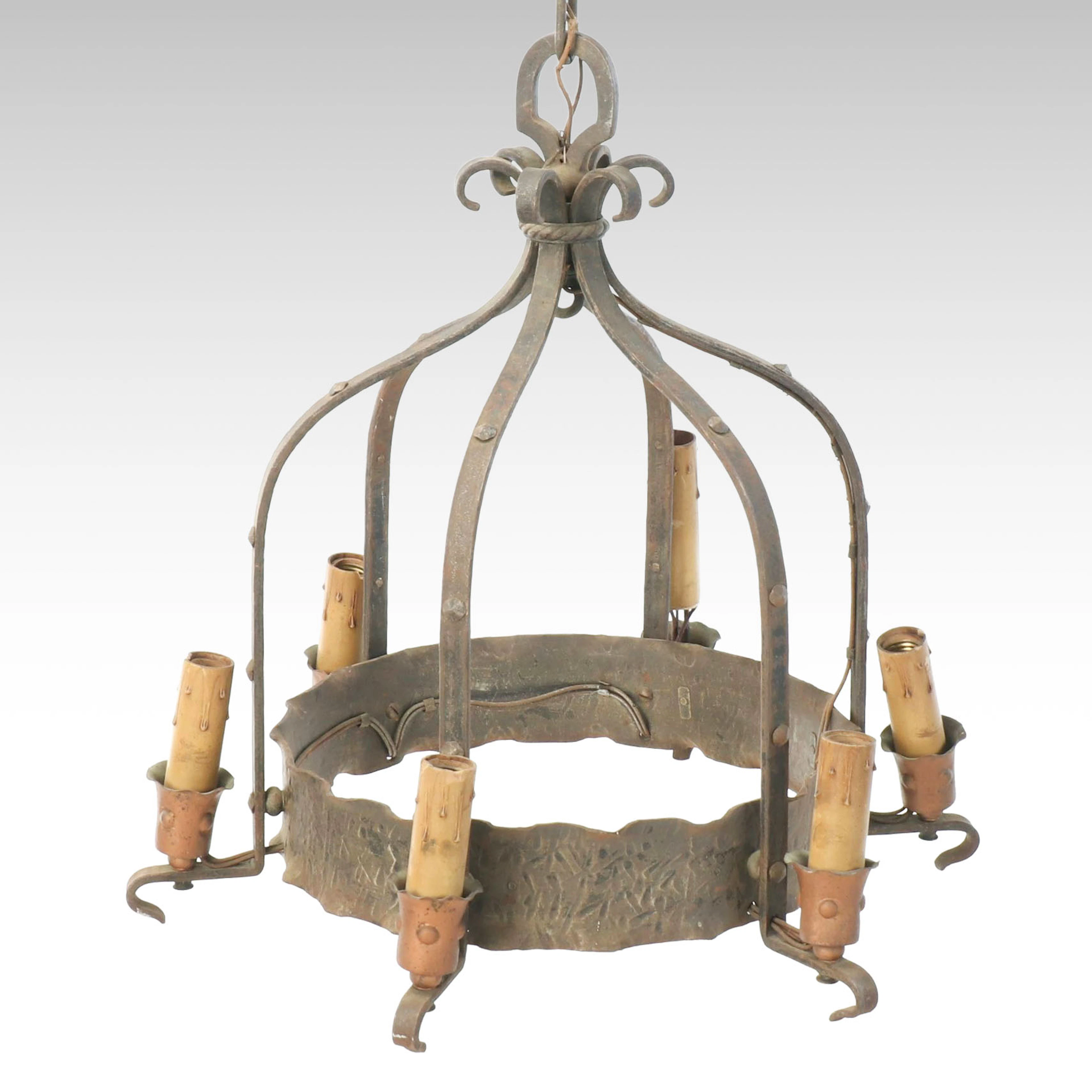 Primitive French Provincial Style Wrought Iron Six-Arm Chandelier