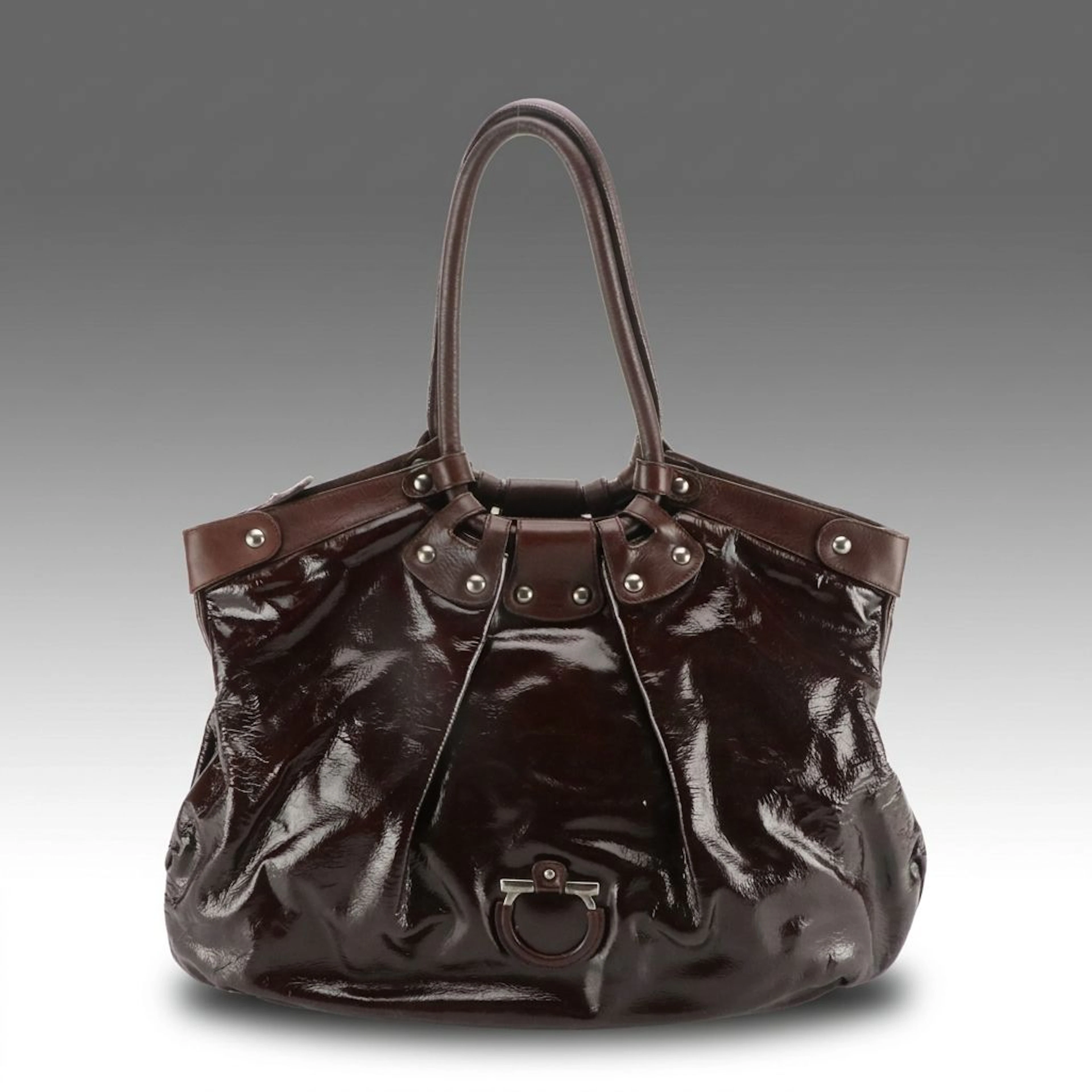 Salvatore Ferragamo Celtico Pleated Shoulder Bag in Dark Brown Patent Leather