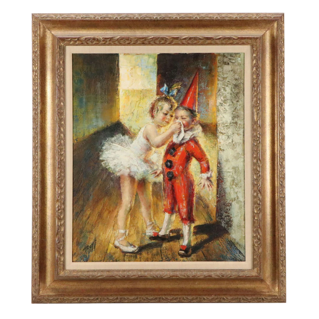 Oil Painting of Ballet Dancer Helping Little Clown Blow Nose