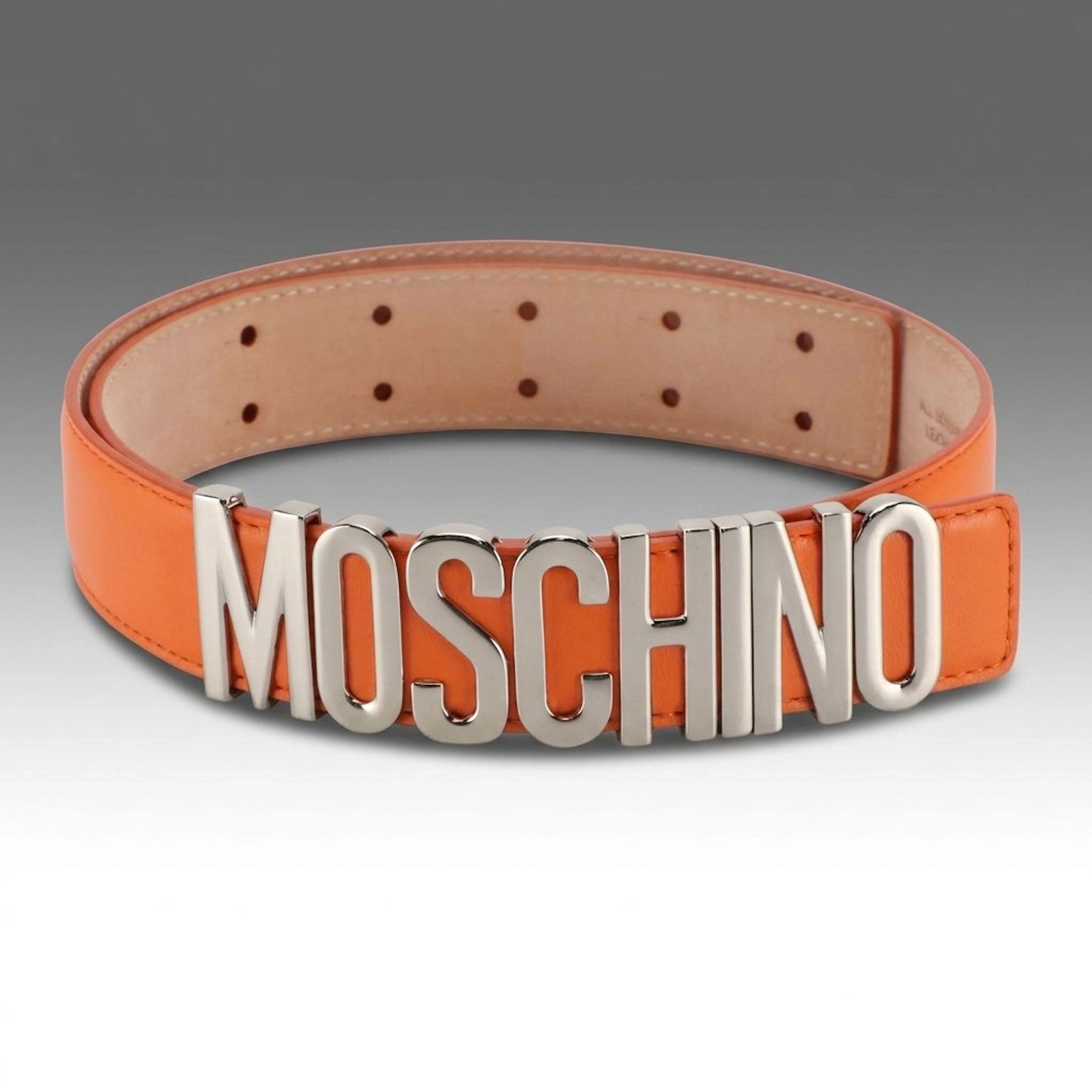 Moschino Logo Belt in Orange Calfskin Leather