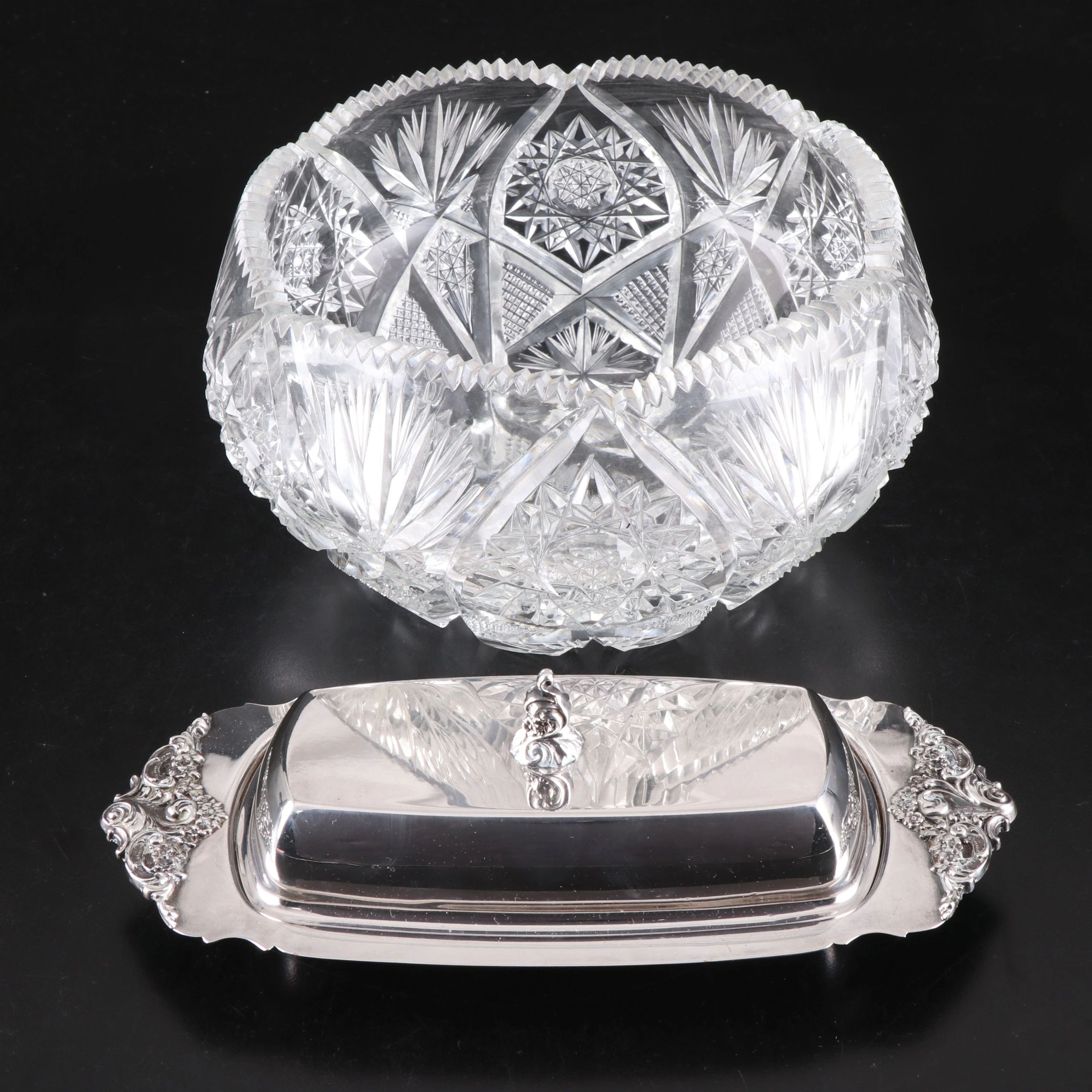 Wallace "Baroque" Silver Plate Butter Dish and American Brilliant Crystal Bowl