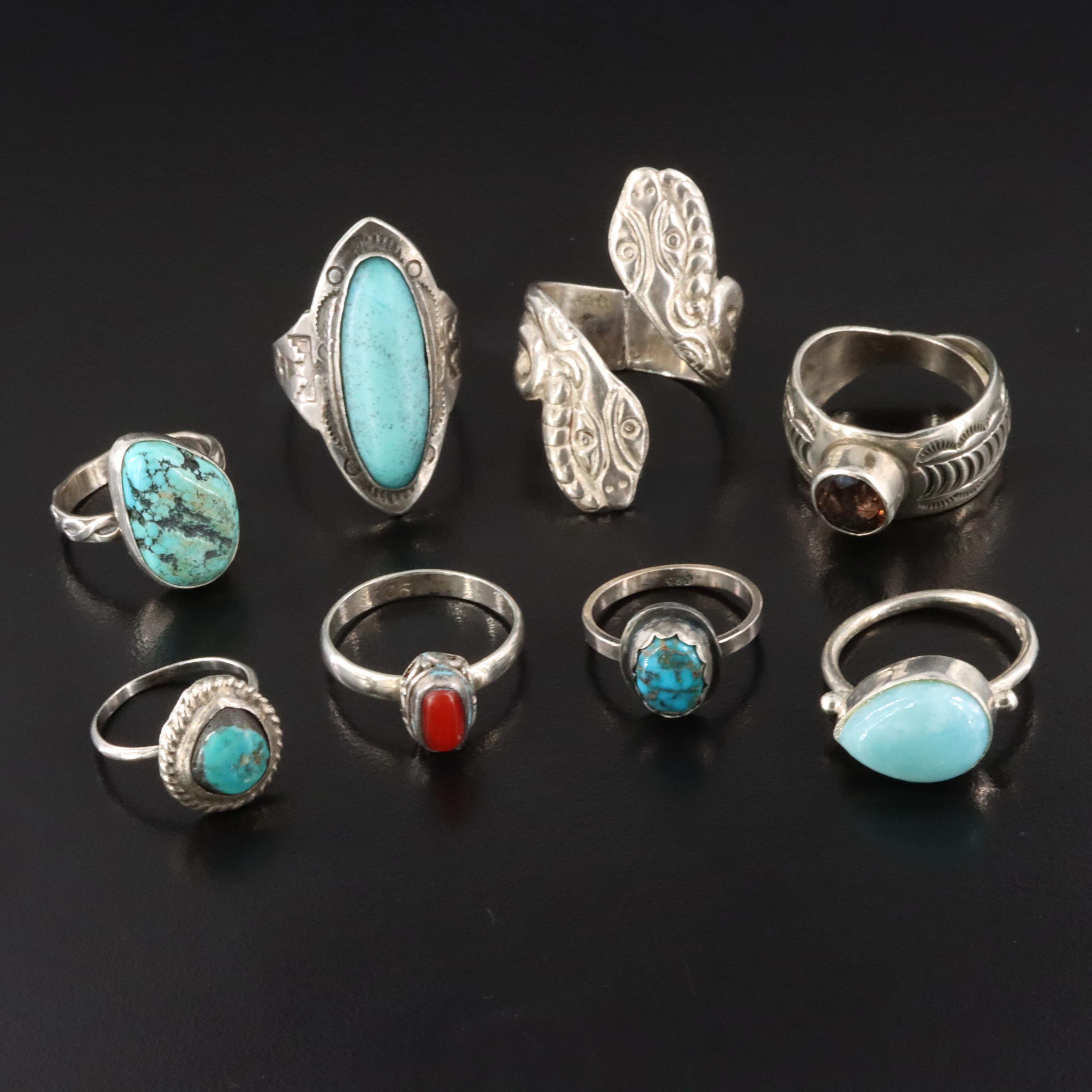 Turquoise, Coral and Larimar Featured in Sterling Rings