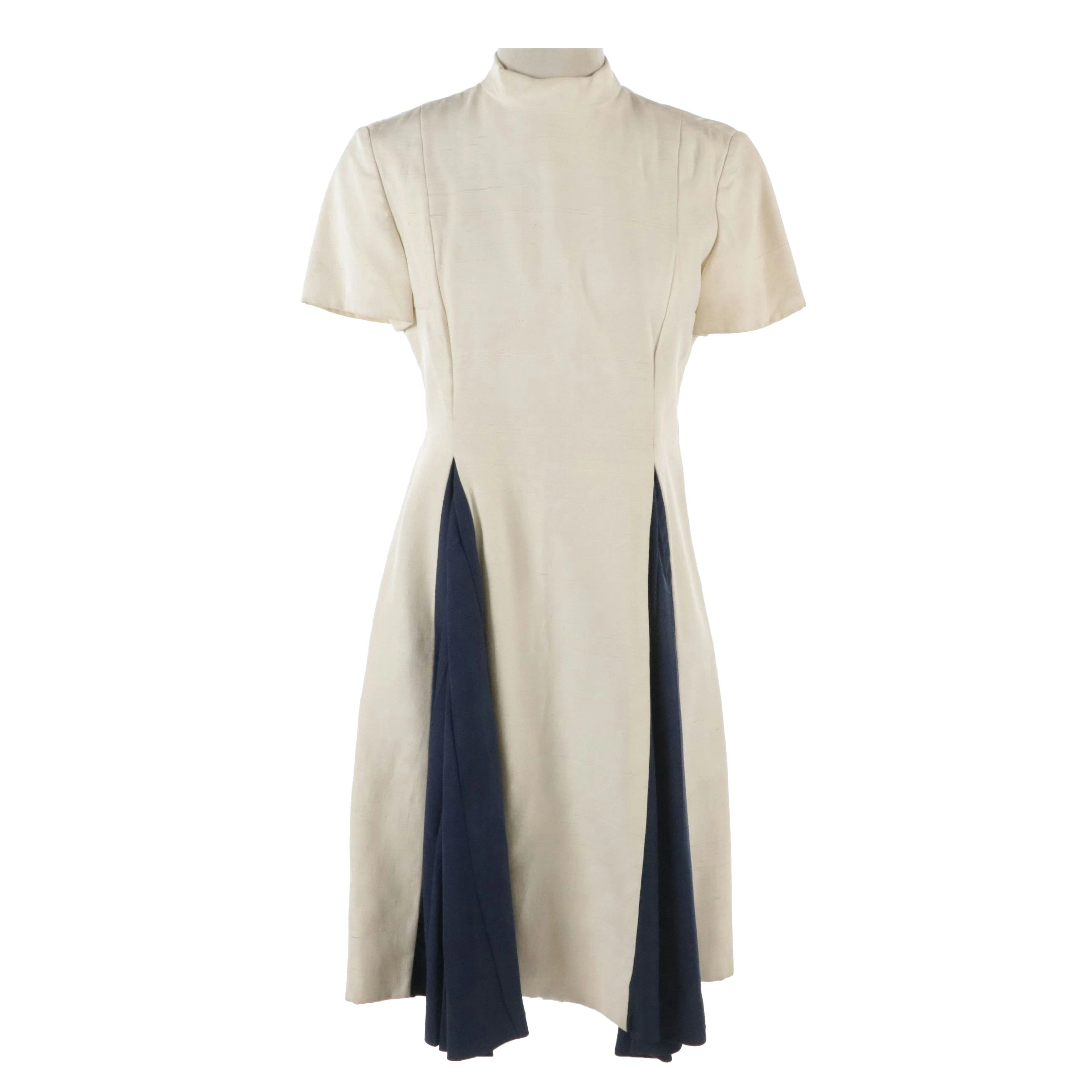 Bill Blass for Maurice Rentner Godet A-Line Dress in Cream/Navy Silk Noil