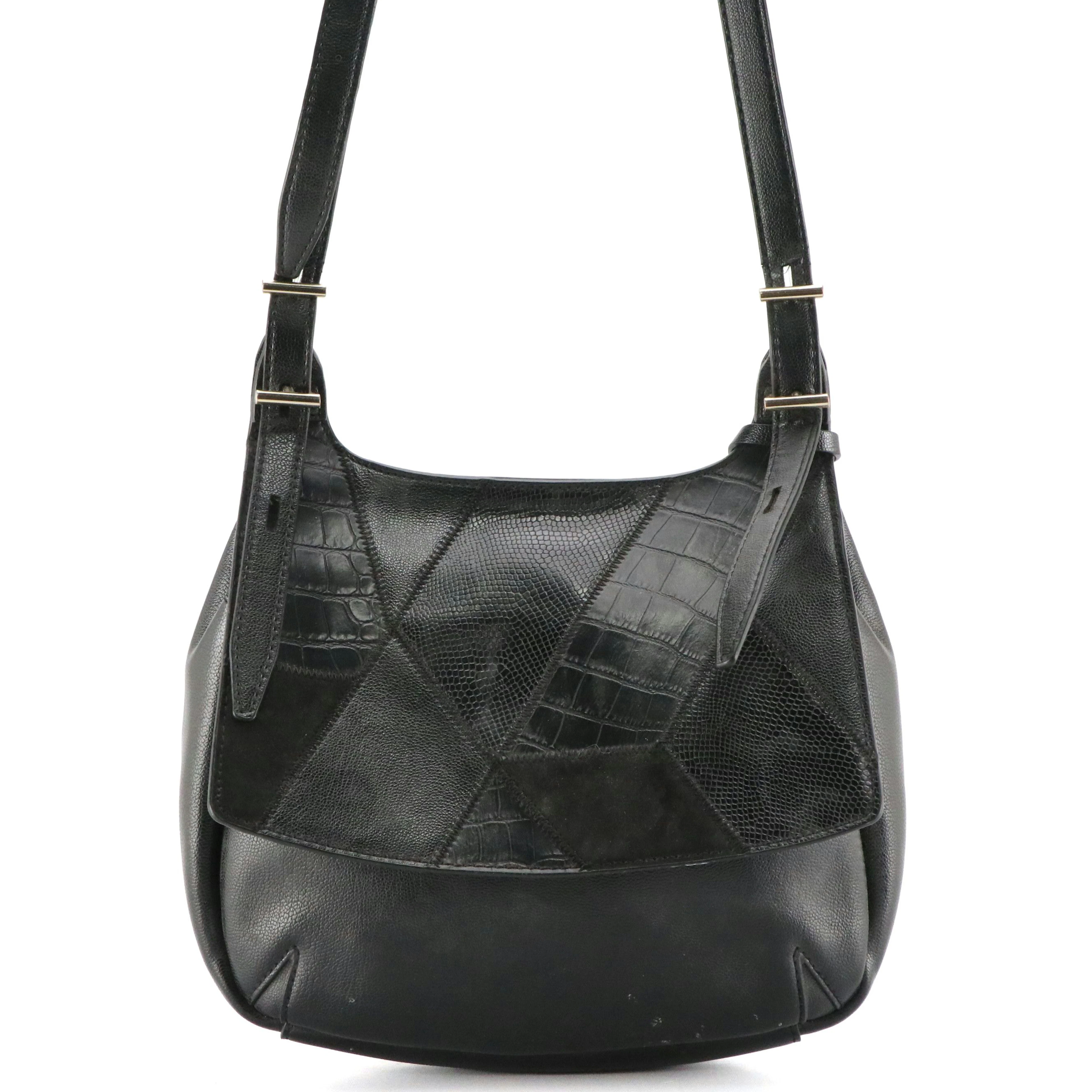 Nine West Patchwork Saddle Flap Shoulder Bag in Black Leather