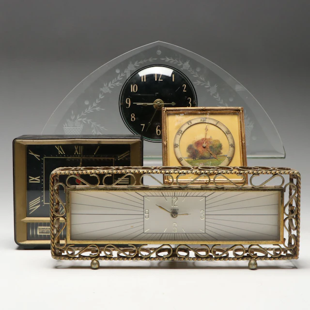Crystal Bent Fyrart and Other Art Deco Style Clocks, Early to Mid-20th C.