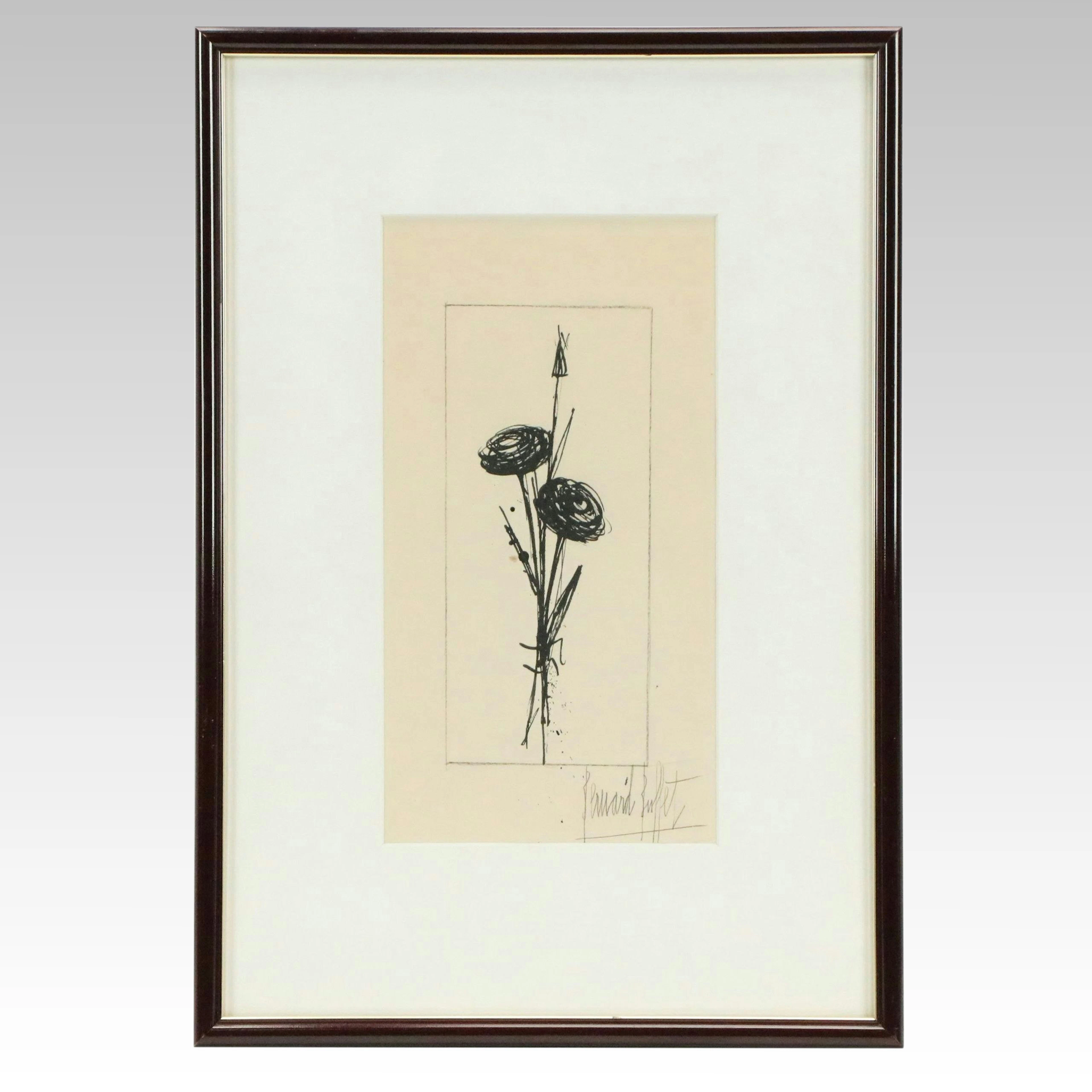 Bernard Buffet Pen and Ink Drawing of Roses, Mid-20th Century