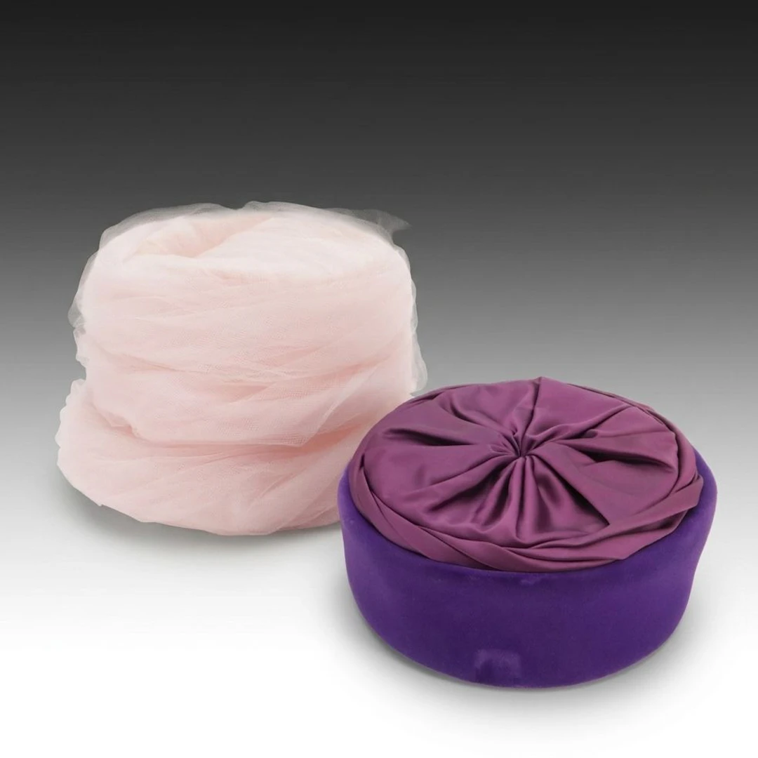 Vintage Valerie Modes Purple Pillbox Hat and Eva Modes Pink Tulle Cloche Hat
