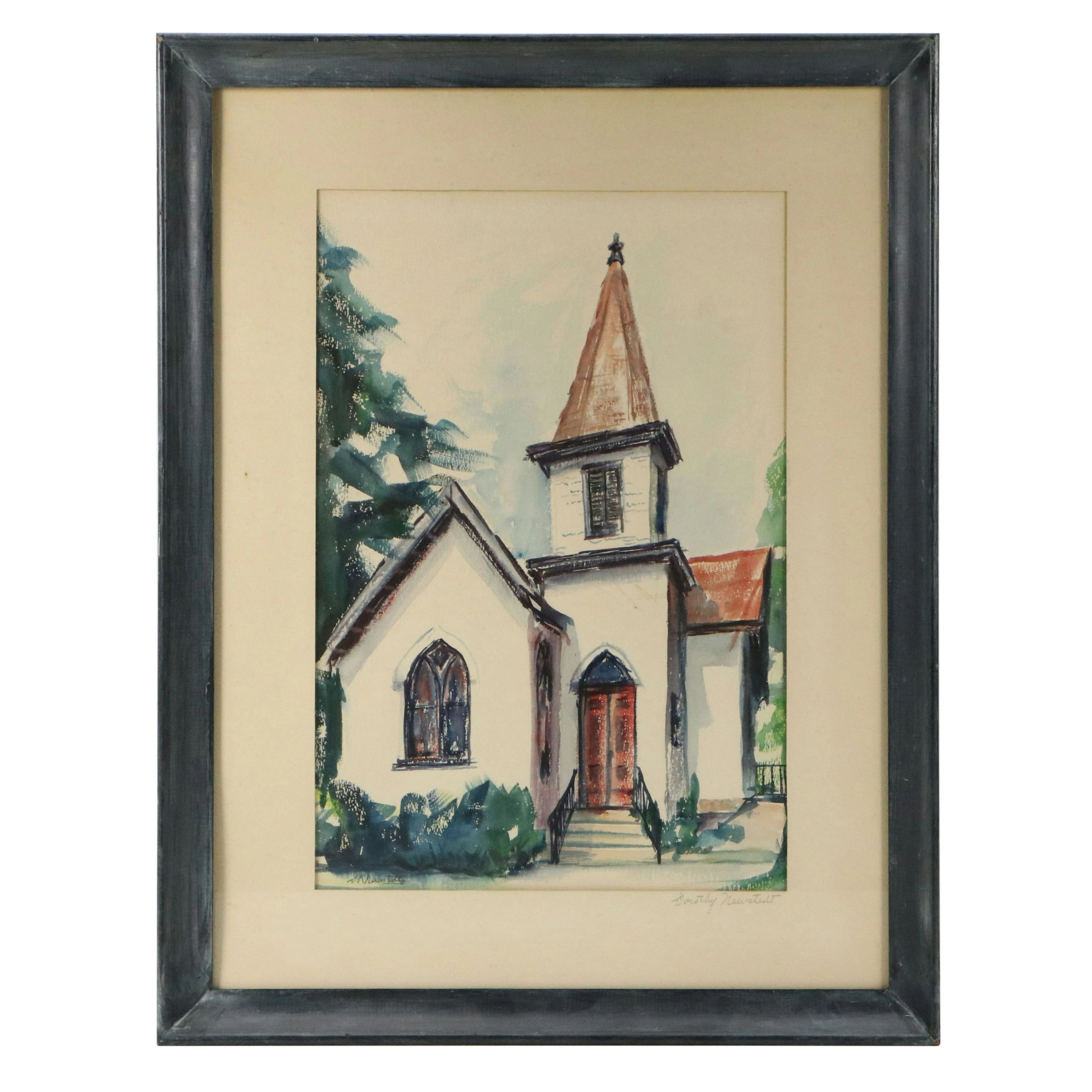 Dorothy Newstedt Watercolor Painting of Church, Mid to Late 20th Century