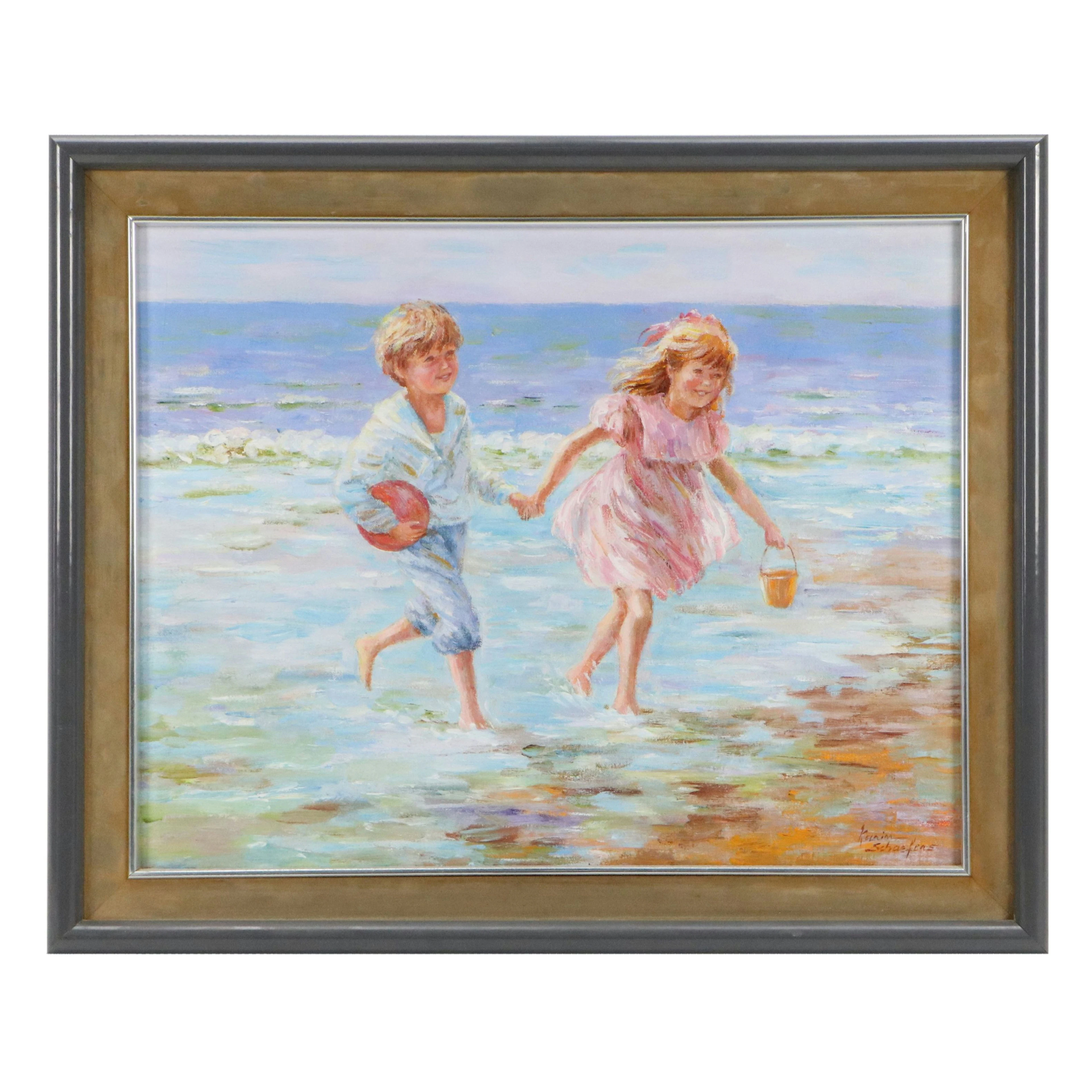 Karin Schaefers Oil Painting of Children in the Surf