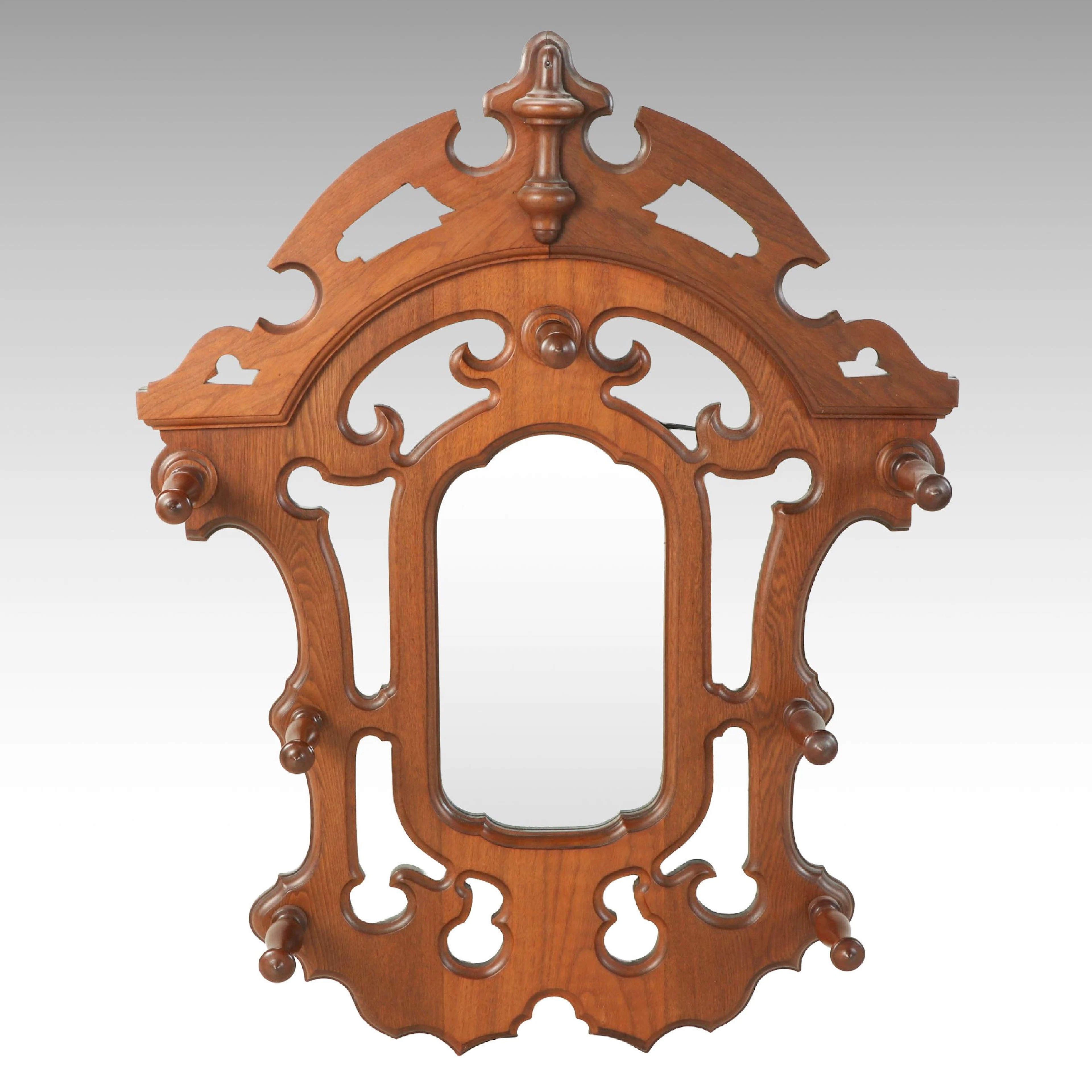 Victorian Renaissance Revival Carved Walnut Wall Mirror Hall Rack, Late 19th C.