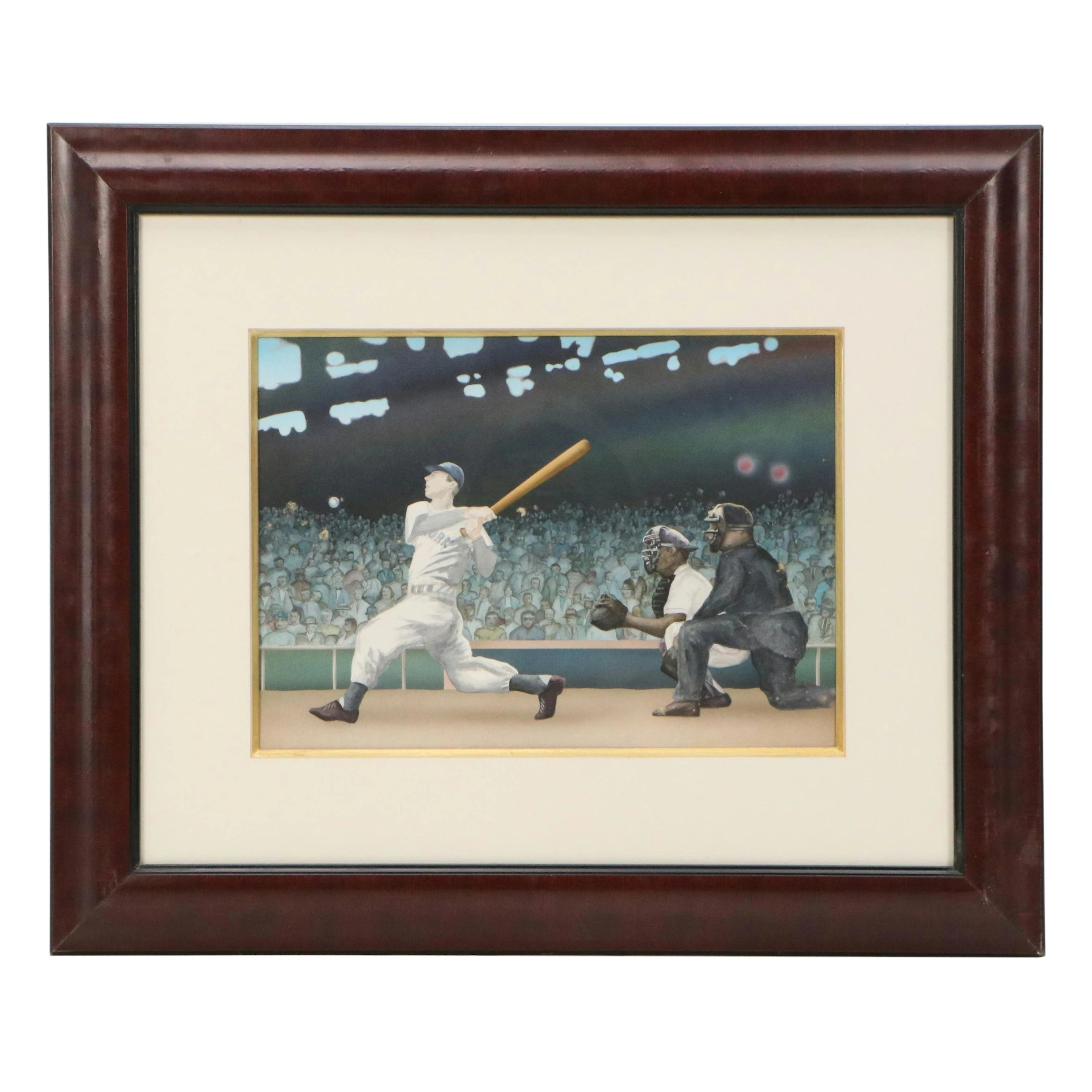 Mixed Media Painting of Baseball Scene with Joe DiMaggio