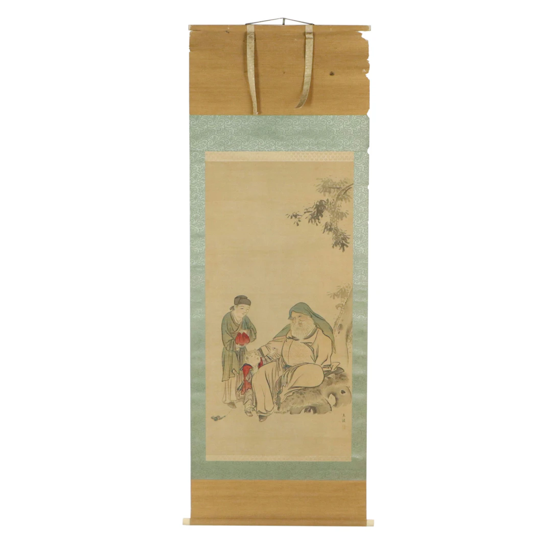 East Asian School Genre Scene Gouache Painting on Silk Scroll