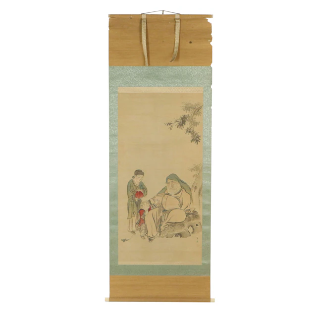East Asian School Genre Scene Gouache Painting on Silk Scroll