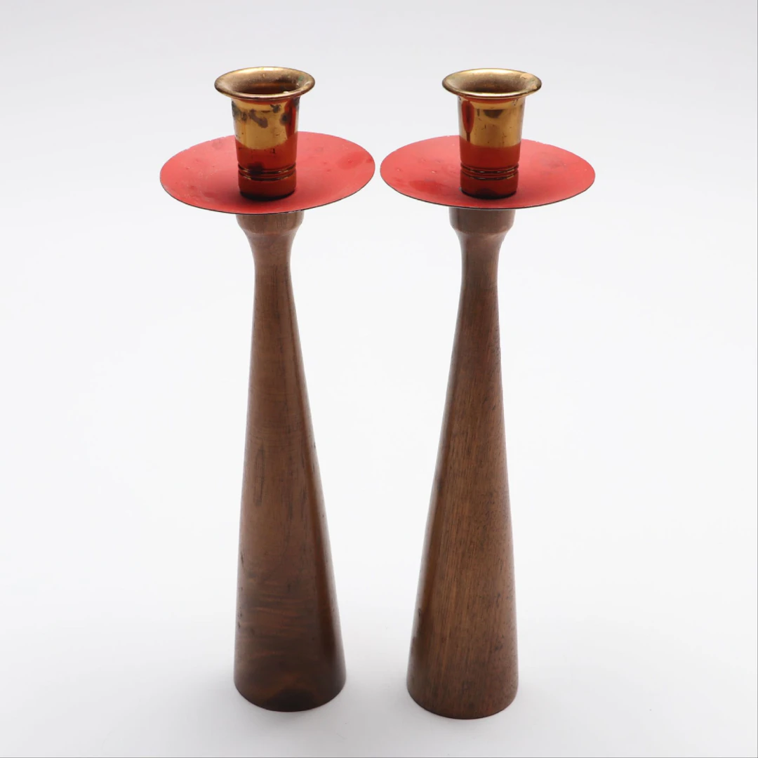 Pair of Mid Century Modern Teakwood Candlesticks, Vintage