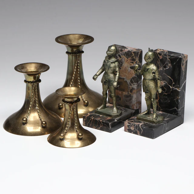 Brass Candle Holders with Figural Knights Marble Bookends