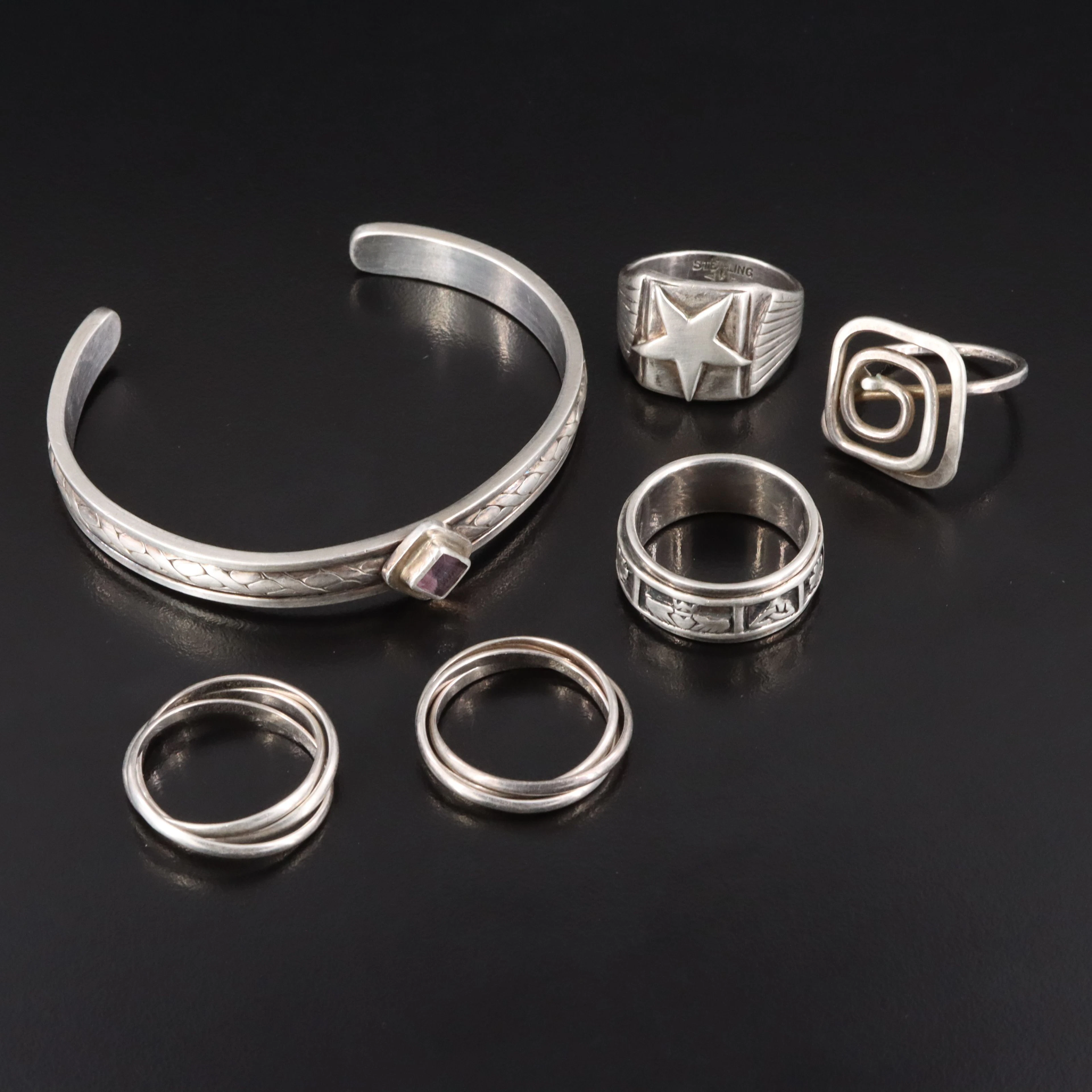 Irish Symbol Spinner Ring and Nepalese Cuff with Amethyst in Sterling Jewelry