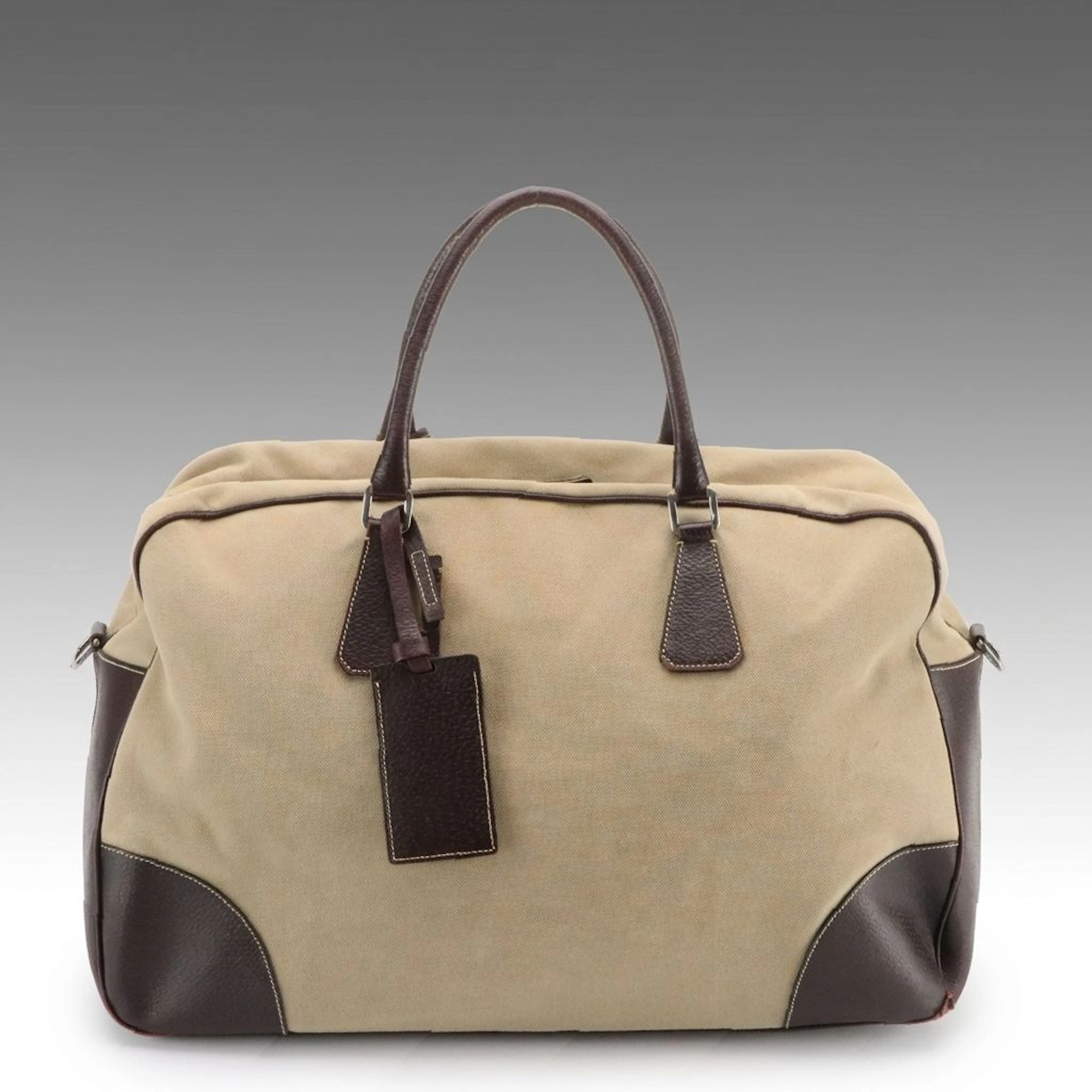 Prada Canapa Canvas and Cinghiale Leather Weekender Duffle Bag in Beige/Brown