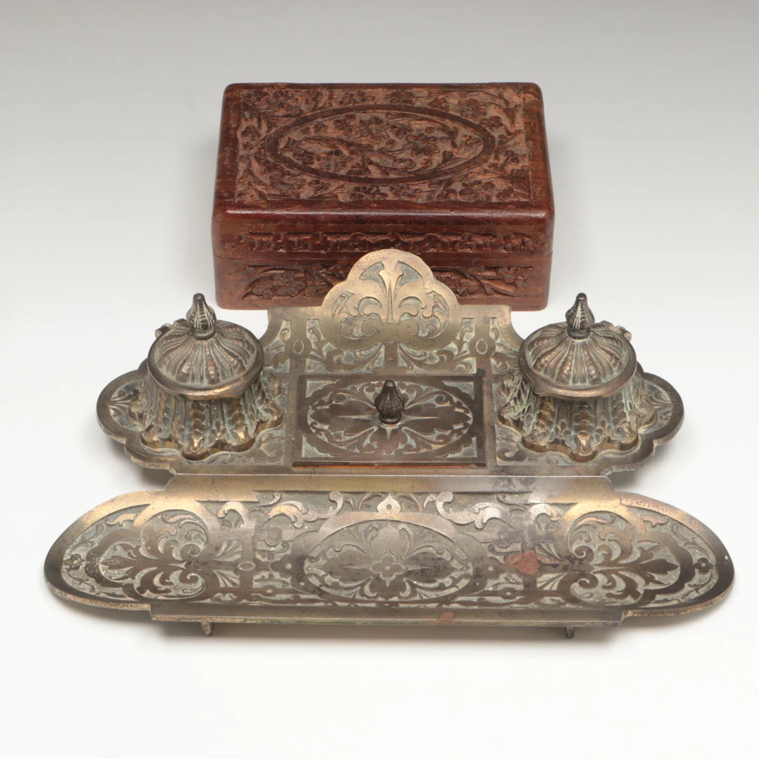 Bradley & Hubbard Brass Finish Arabesque Inkwell with Other Carved Wood Box