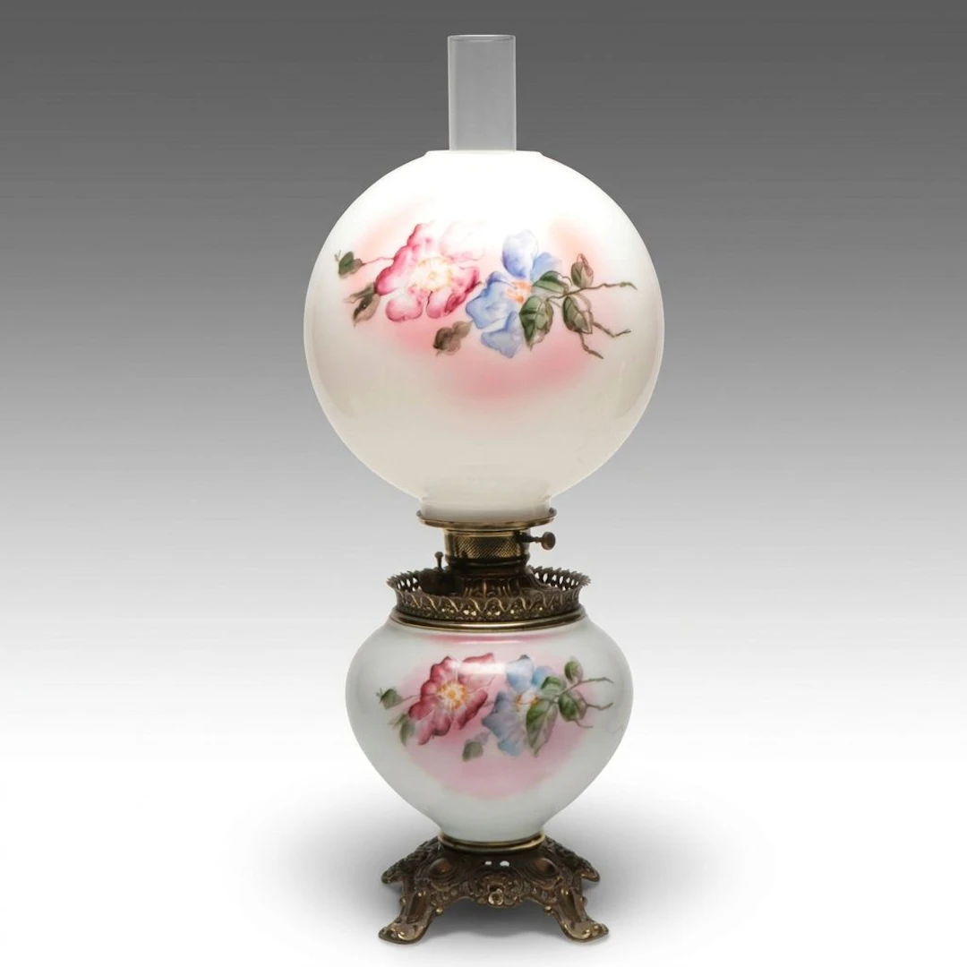 Victorian Style Hand-Painted Milk Glass Parlor Oil Lamp, Adapted