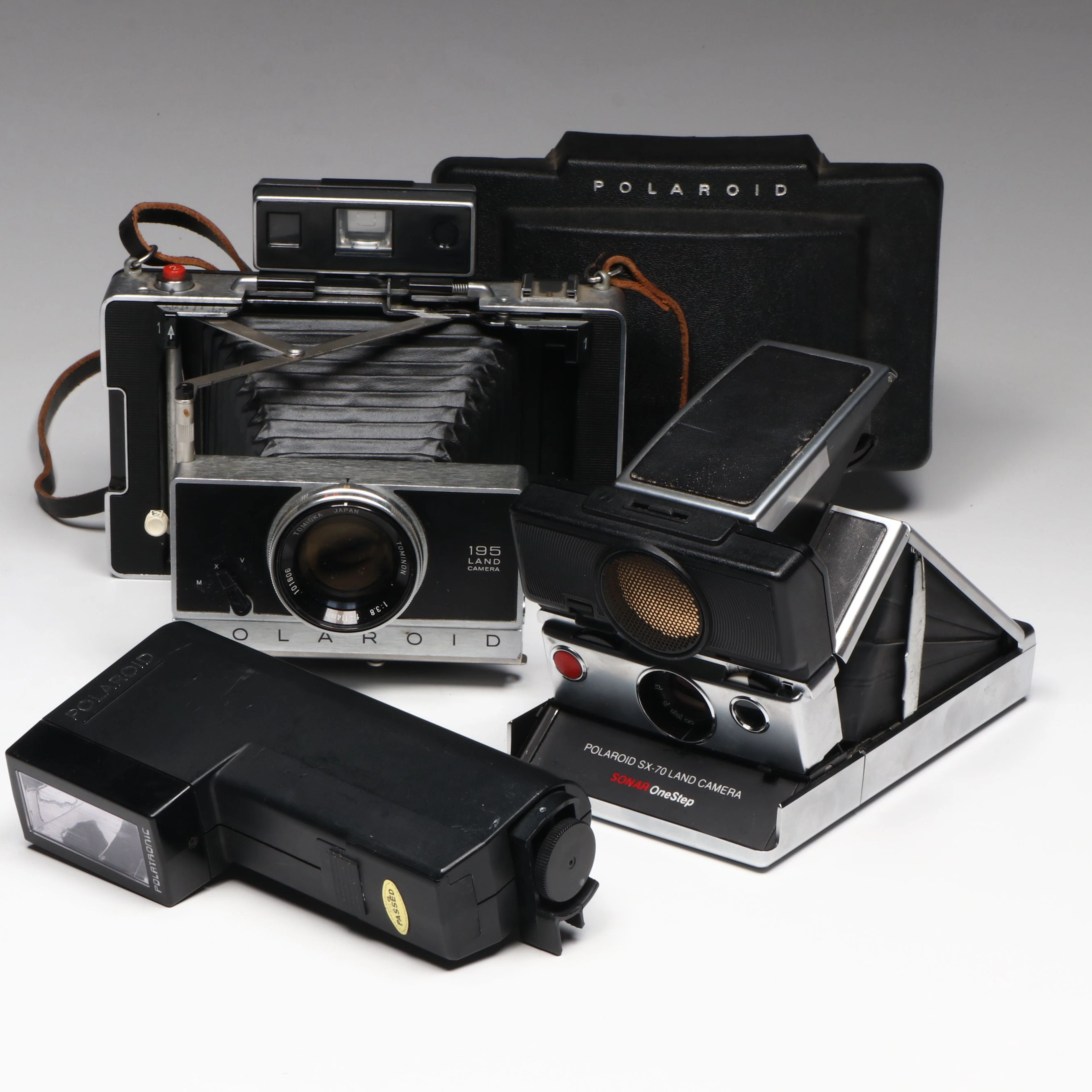 Polaroid 195 and SX-70 Land Film Cameras with Accessories