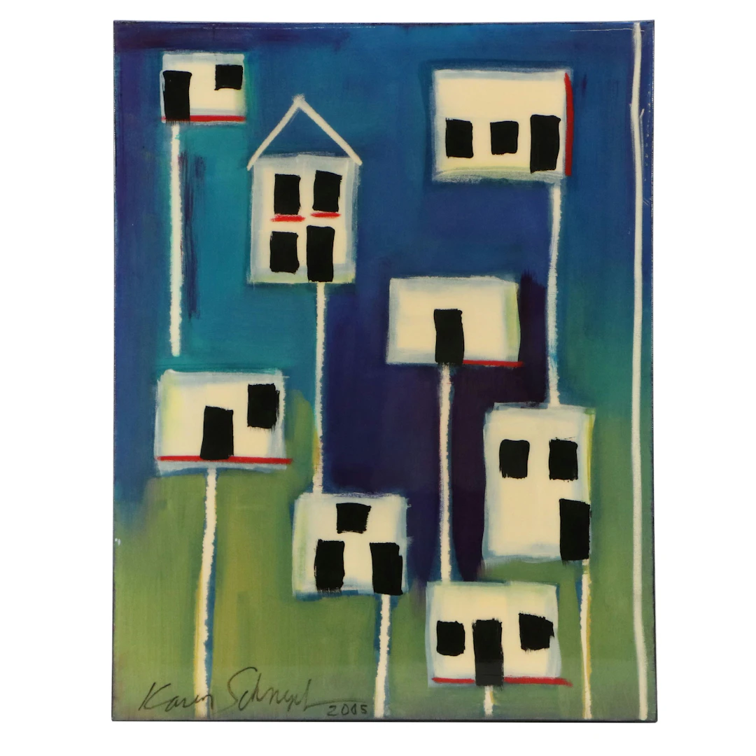 Karen Schnepf Stylized Mixed Media Painting "Block Party," 2005