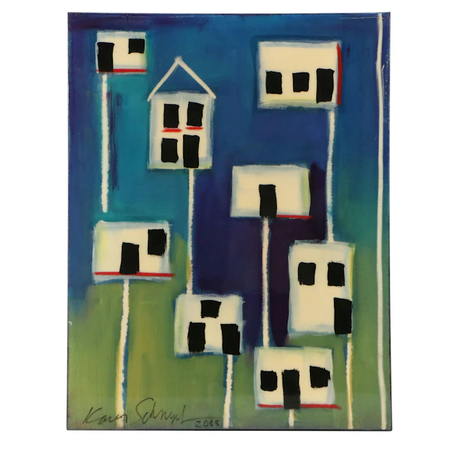Karen Schnepf Stylized Mixed Media Painting "Block Party," 2005