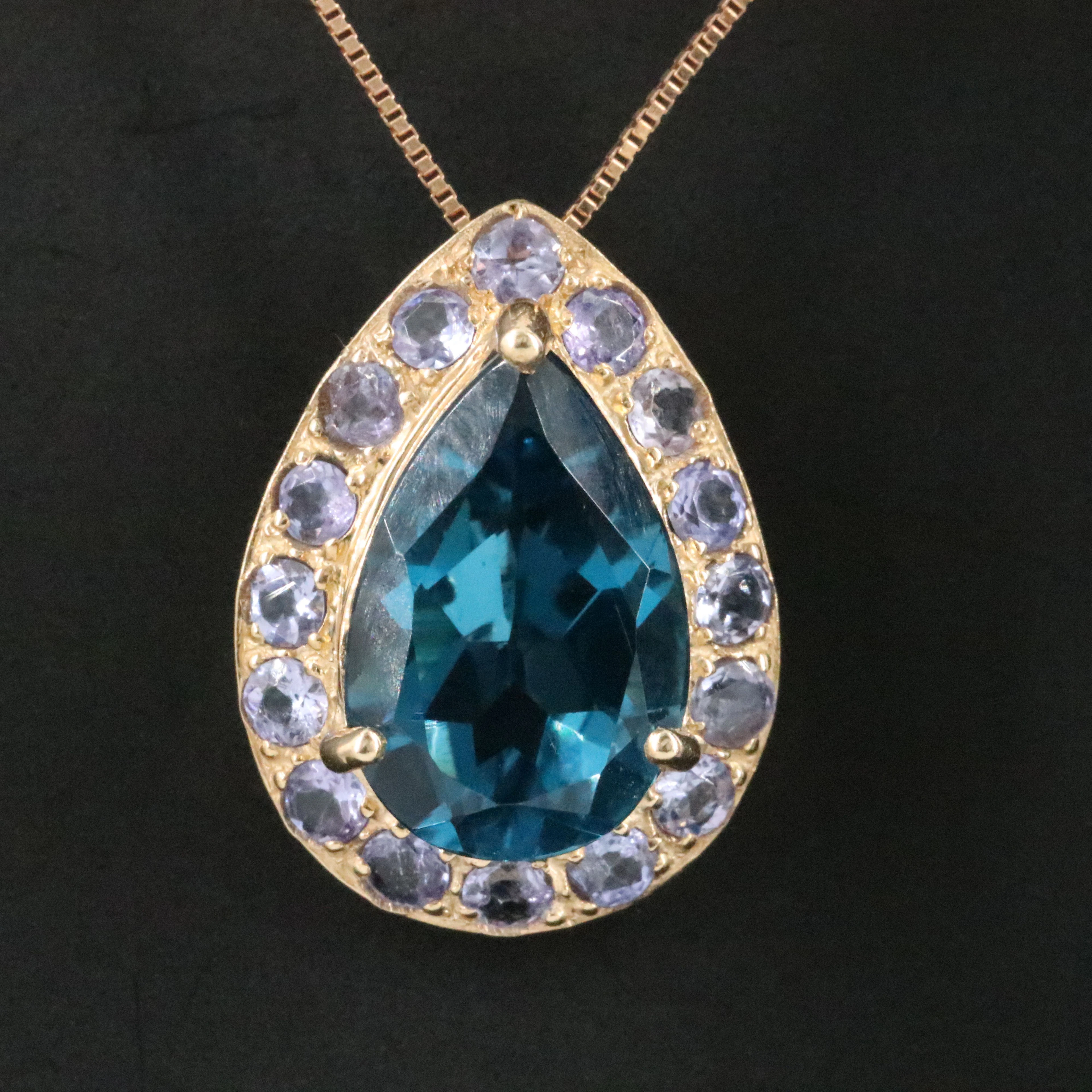 10K London Blue Topaz and Tanzanite Pendant on 14K Chain Necklace