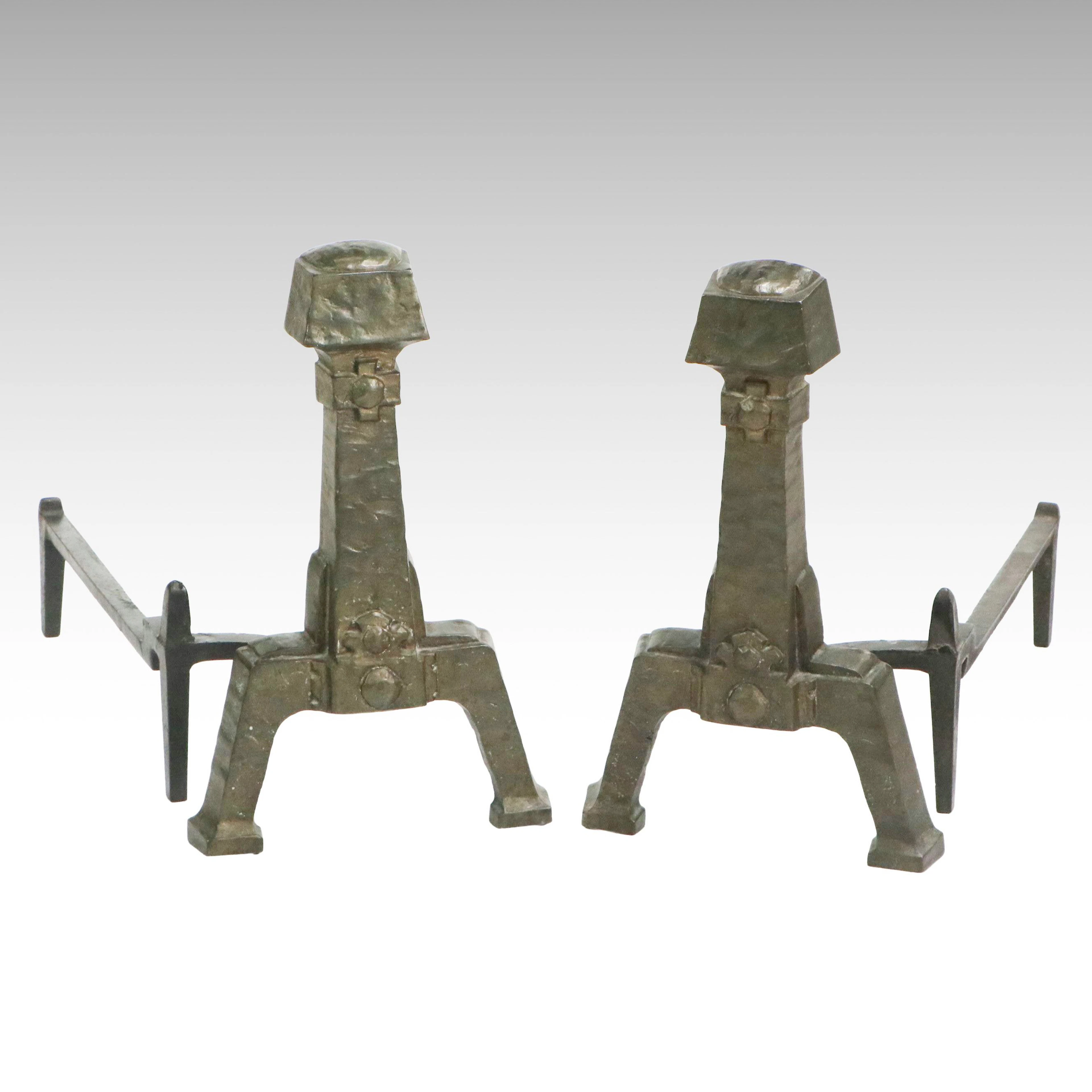 Arts and Crafts Style Metal Fireplace Andirons, Early 20th Century