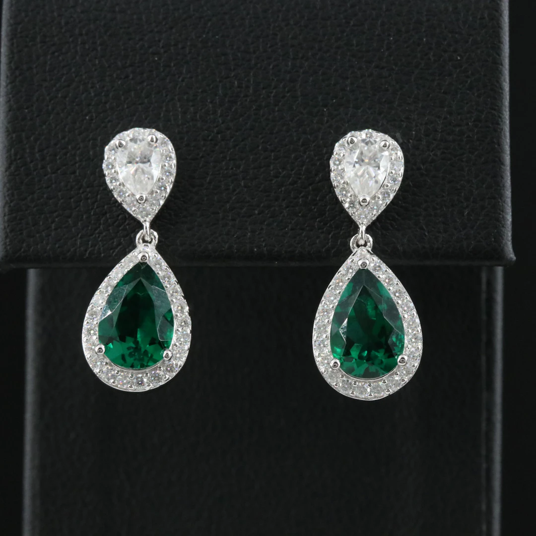 Sterling Moissanite and Emerald Earrings