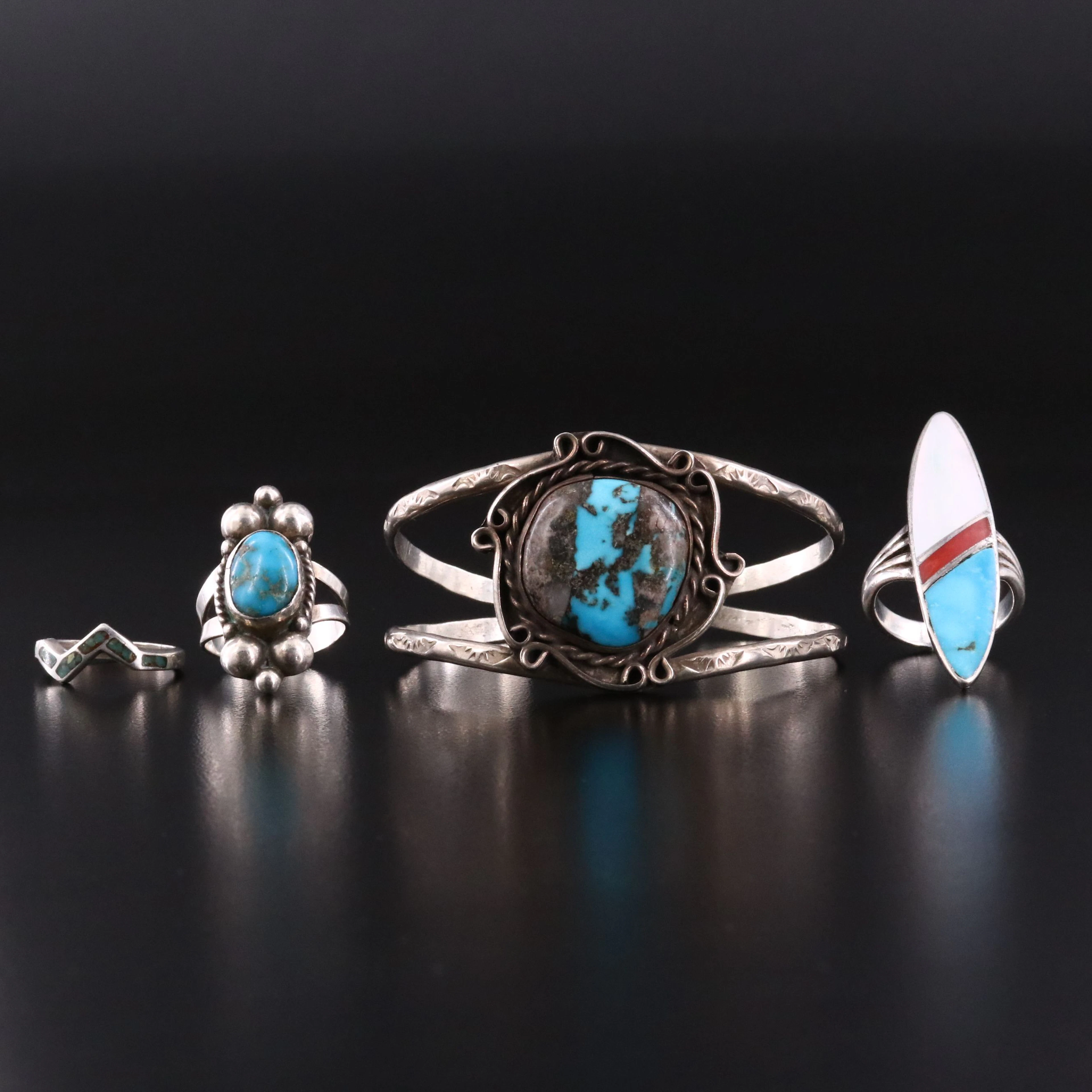 Southwestern Sterling Rings and Cuff with Turquoise and Mother-of-Pearl