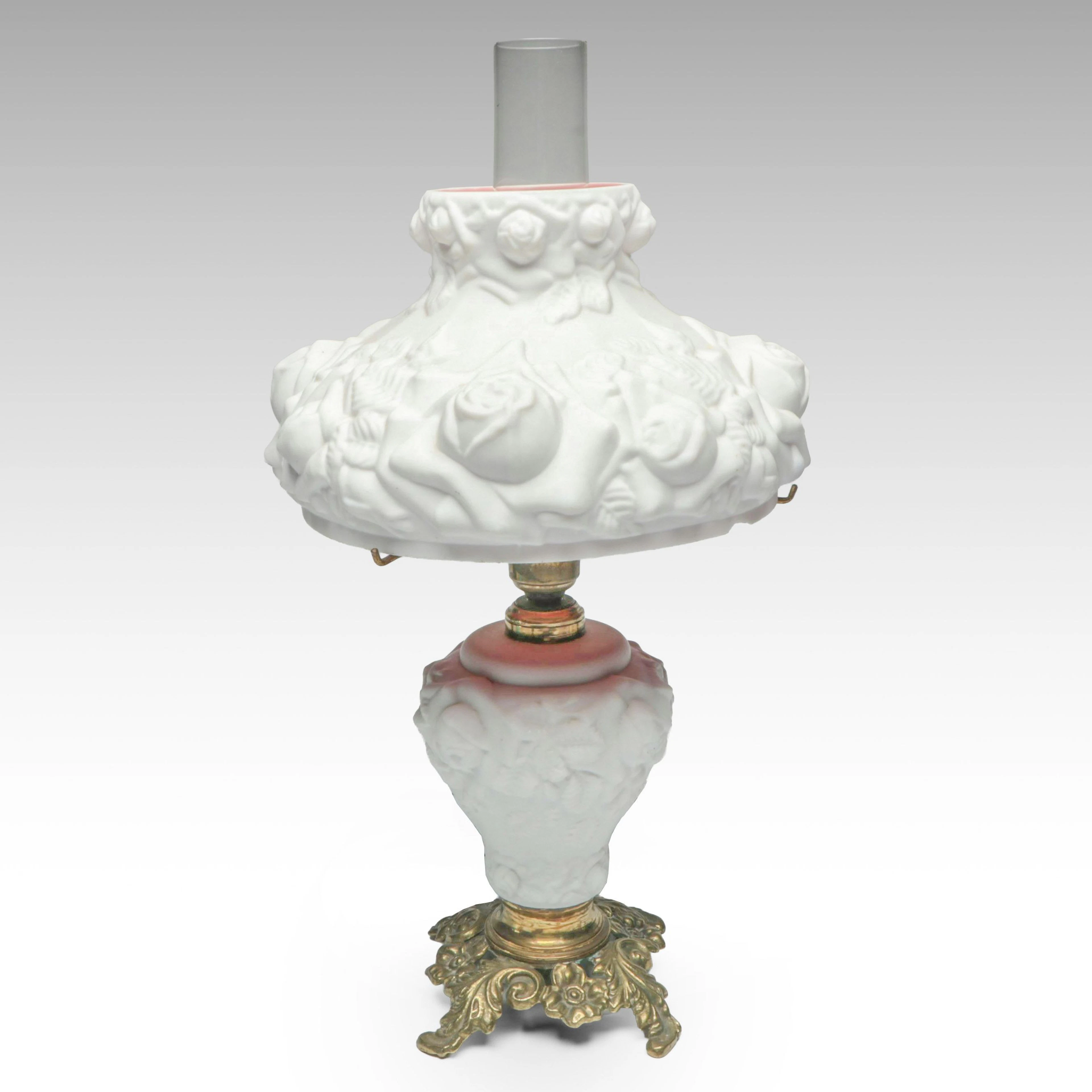 Fenton Puffy Rose Cased Milk Glass Parlor Lamp