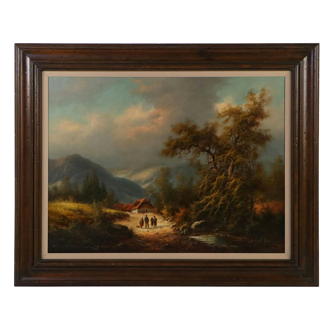 Ludwig Muninger Alpine Landscape Oil Painting with Figures, 20th Century
