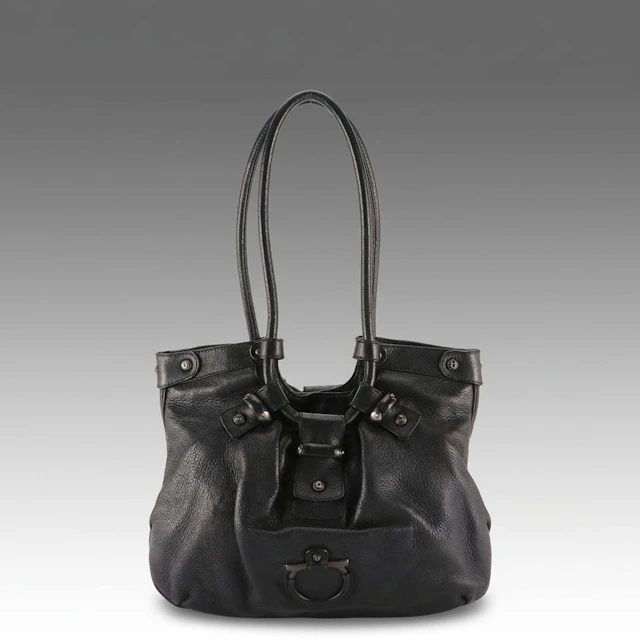 Salvatore Ferragamo Celtico Shoulder Bag in Black Grained Calfskin Leather