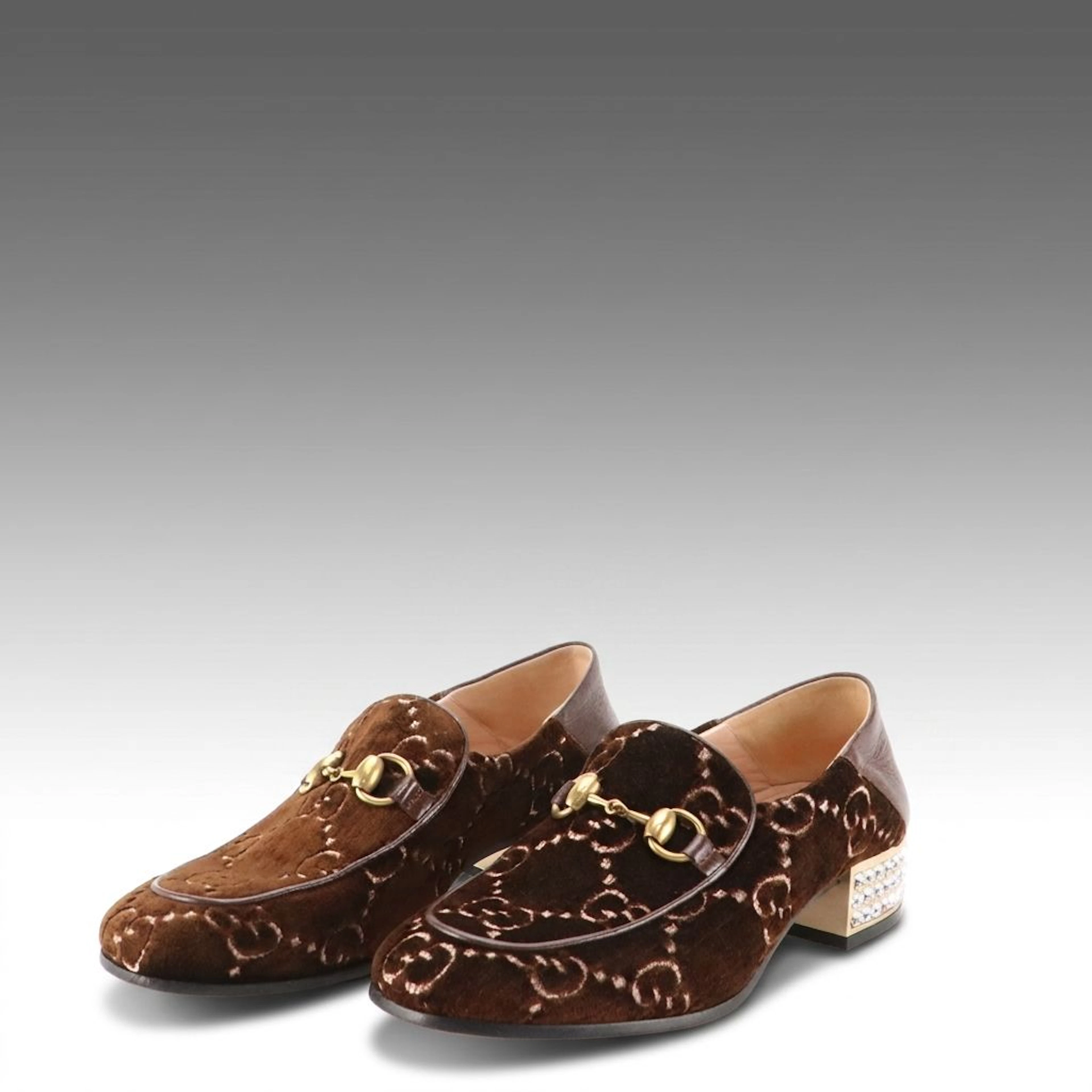Gucci GG Supreme Horsebit Rhinestone Heel Loafers in Brown Velvet and Leather